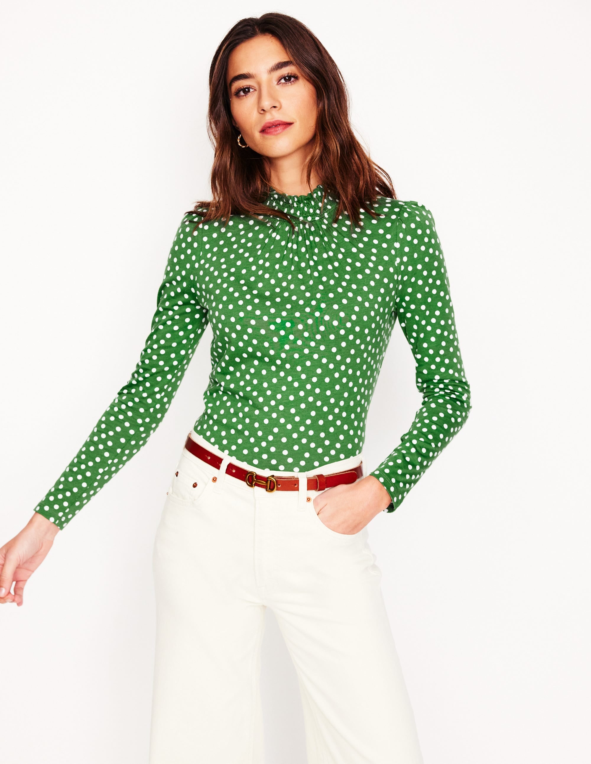 Smocked Neck Printed Top-Promenade Green, Abstract Dot - Image 4