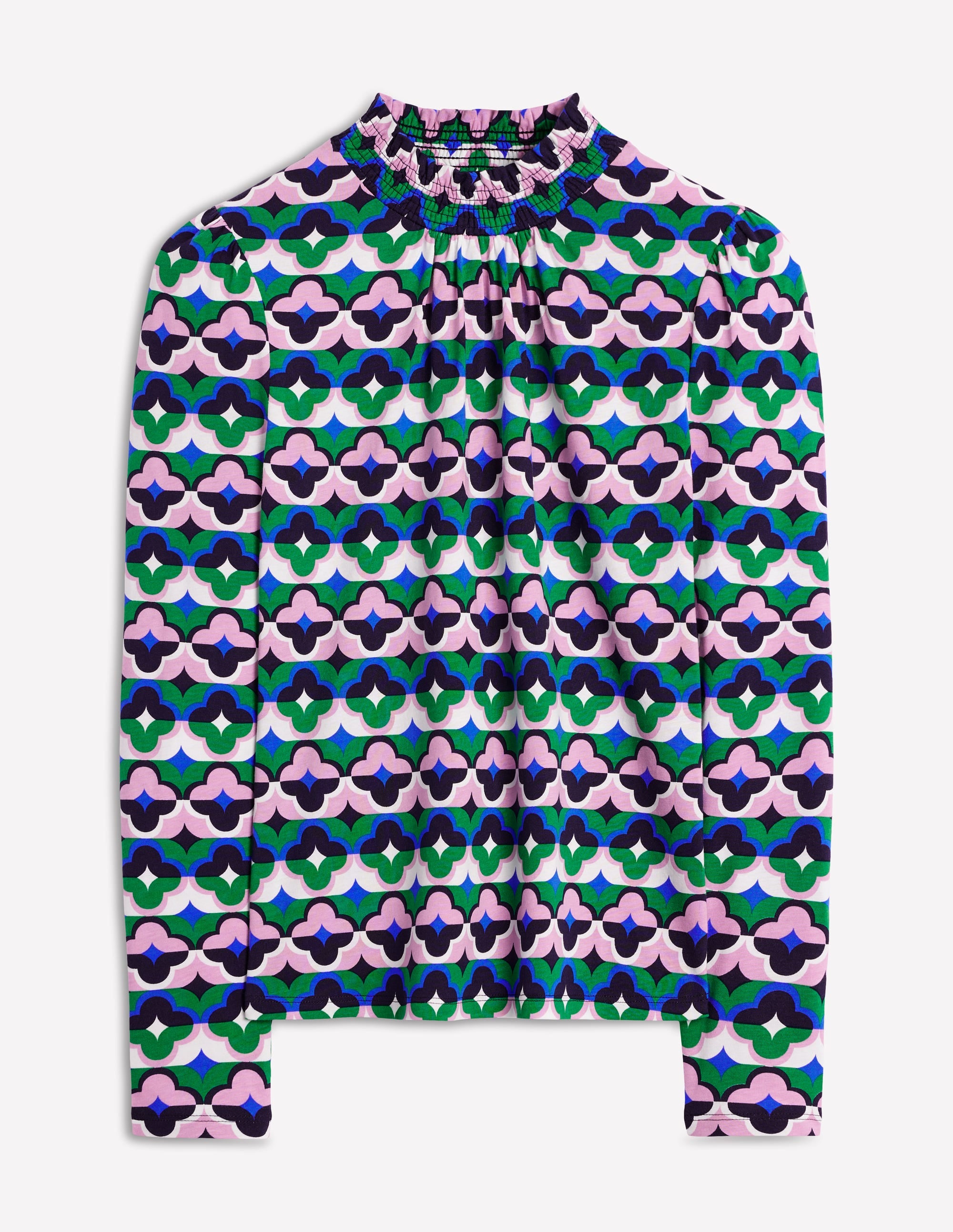 Smocked Neck Printed Top-Rich Emerald, Lucky Clover - Image 5