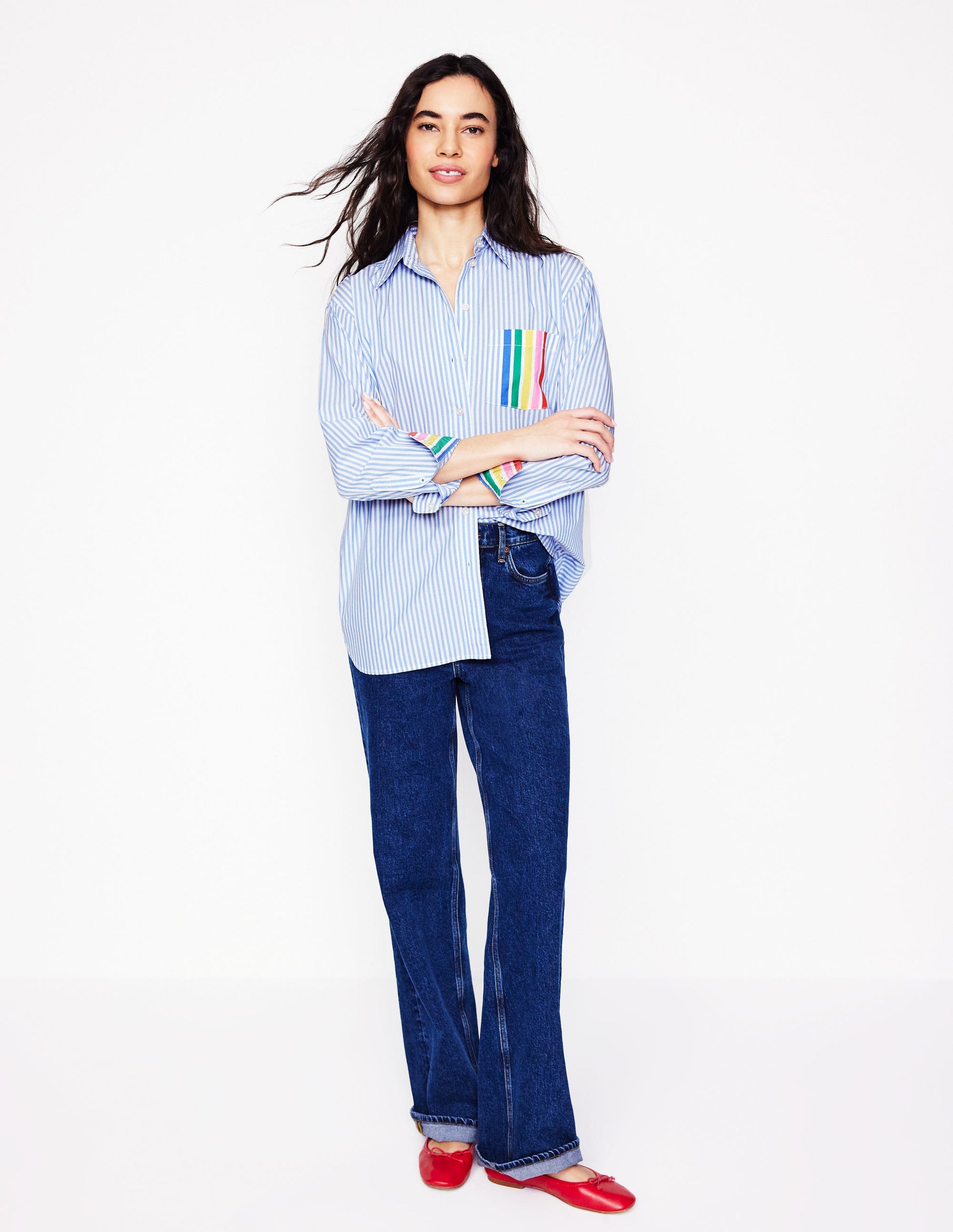 Sadie Lockeres Baumwollhemd-Regenbogen Platzierte Streifen-1