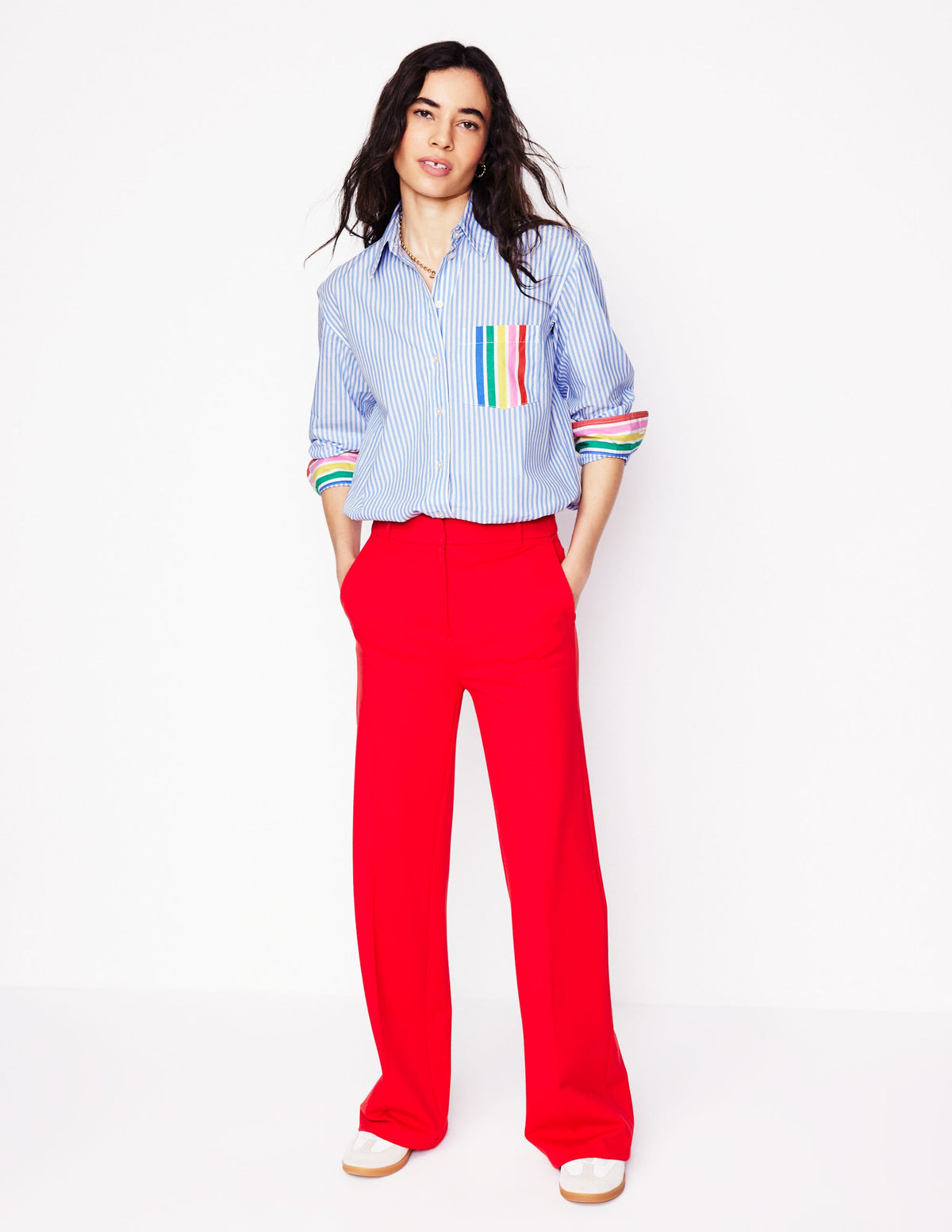 Sadie Lockeres Baumwollhemd-Regenbogen Platzierte Streifen-7