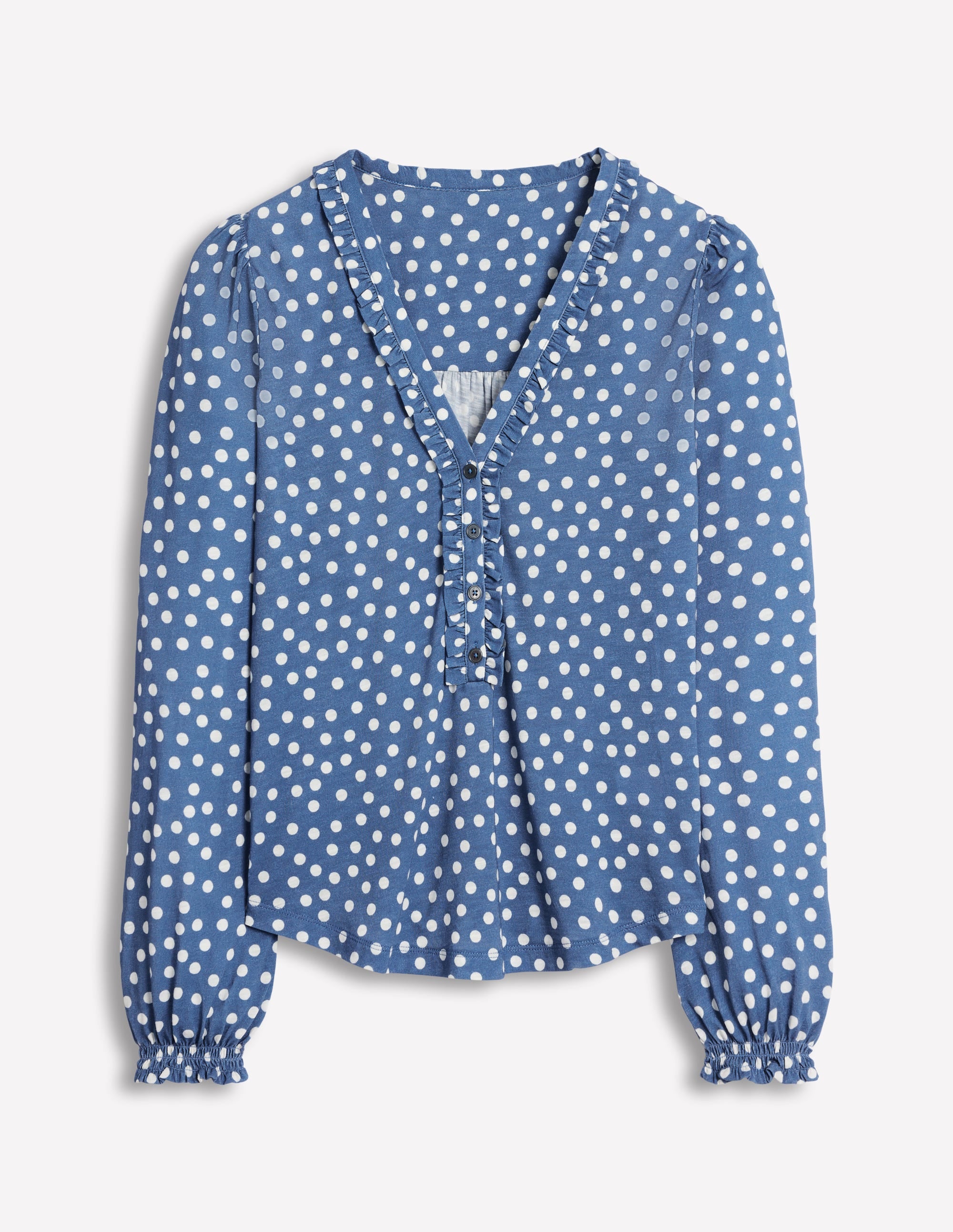 Poppy Ruffled Henley Top-Blue River, Abstract Spot - Image 5