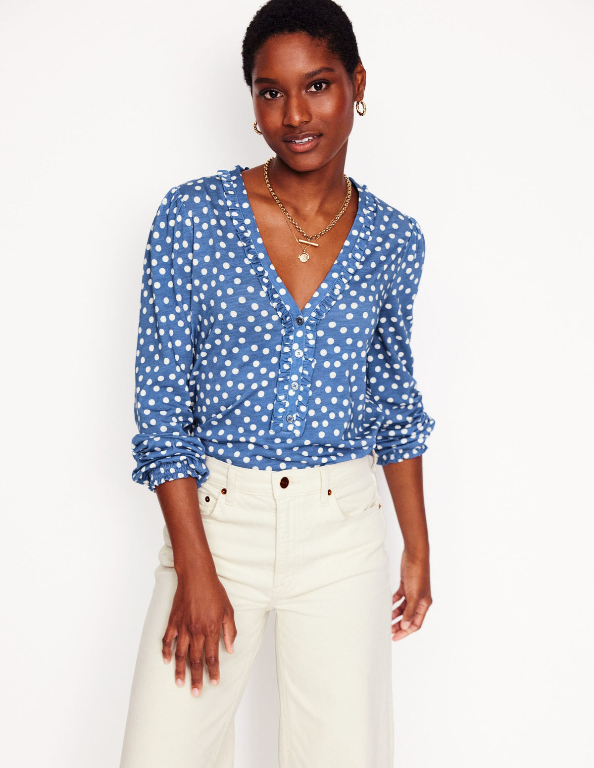 Poppy Ruffled Henley Top-Blue River, Abstract Spot - Image 1