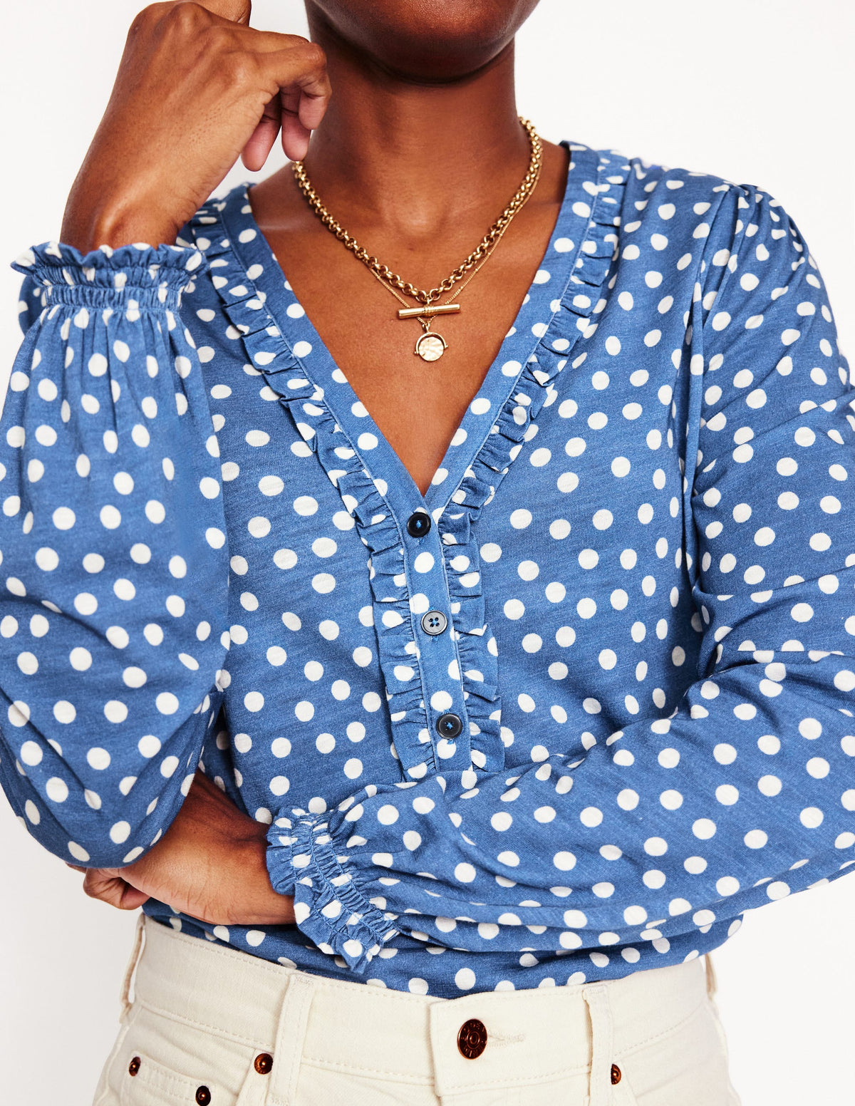 Poppy Ruffled Henley Top-Blue River, Abstract Spot-2