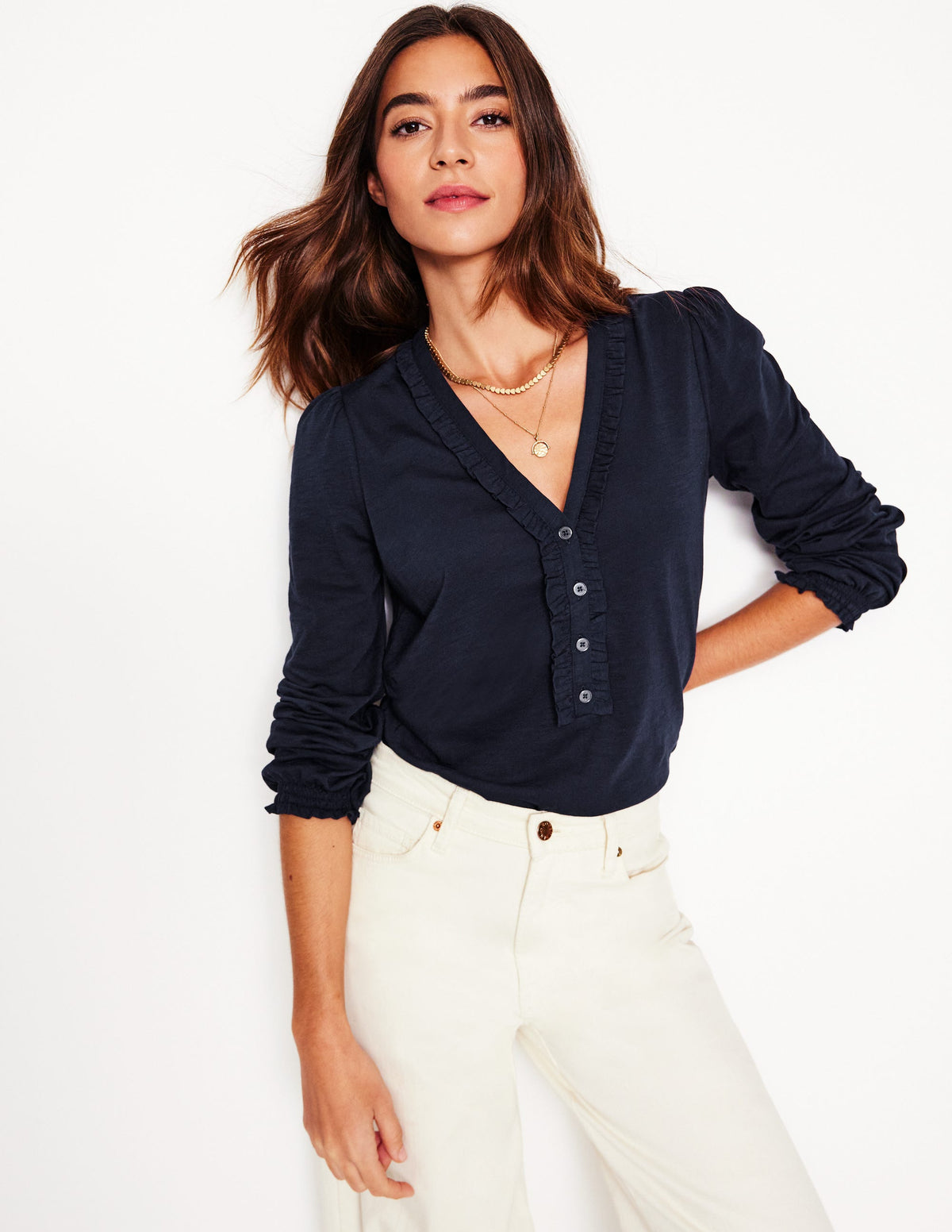 Poppy Henley-Shirt mit Rüschen-Aqua Marine Marl-1