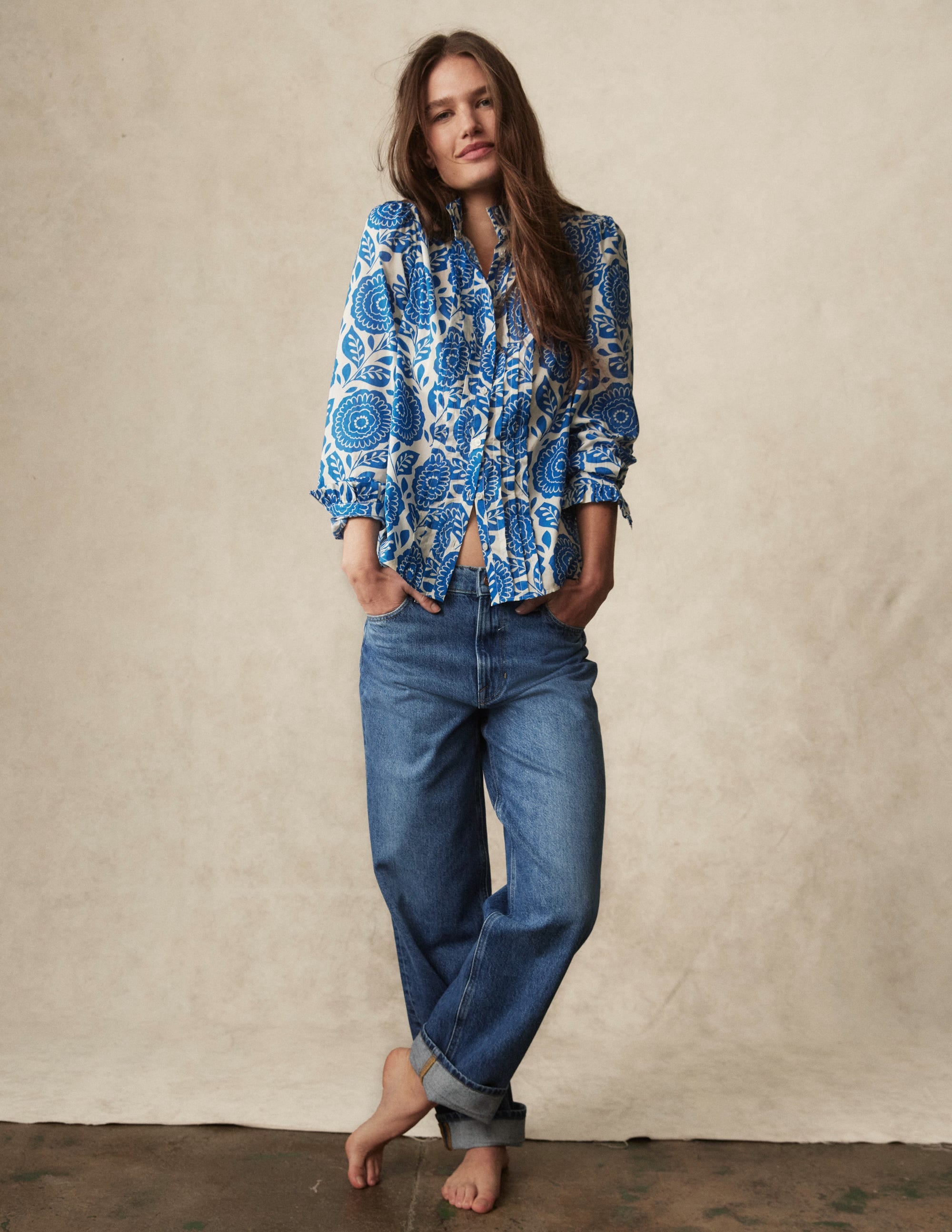 Felicity Baumwollbluse-Galerie-Blau, Dahlienstempel - Image 8