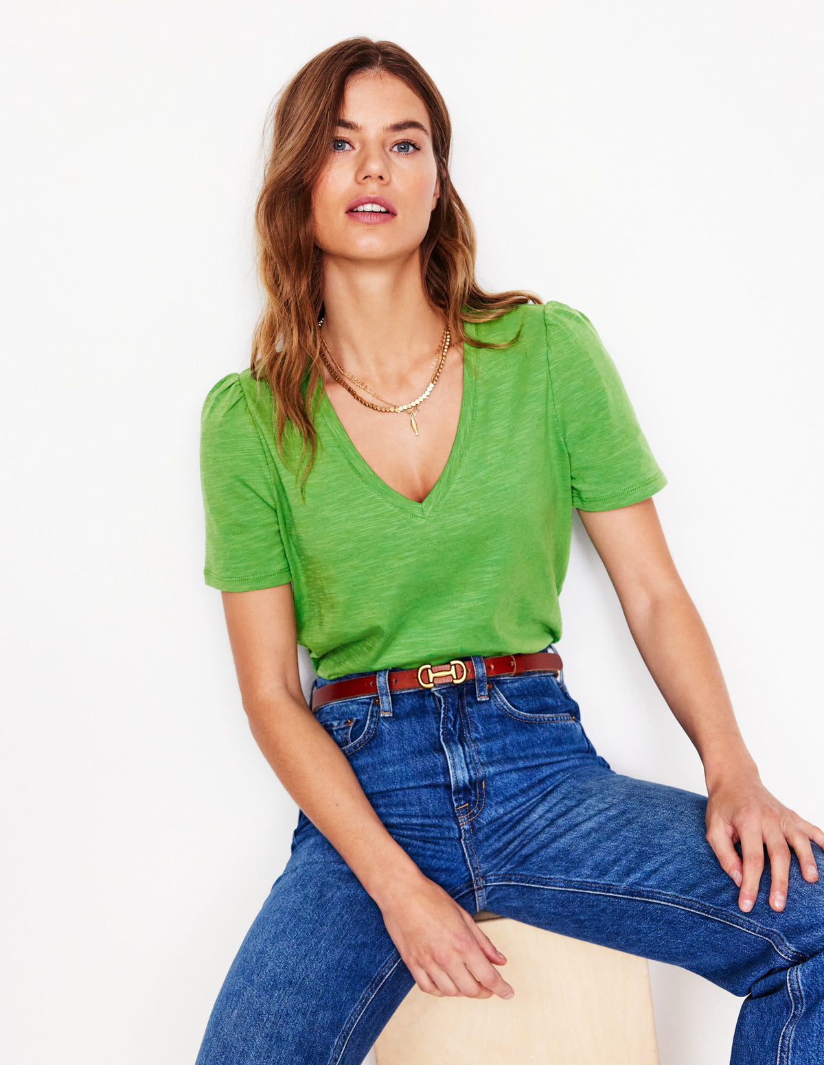 Sophie Flammgarn-T-Shirt mit V-Ausschnitt-Paradiesgrün-1