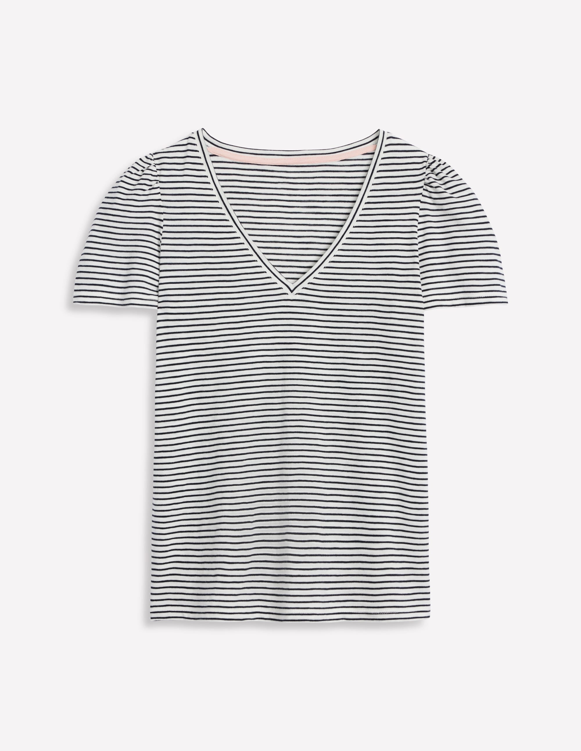 Sophie Flammgarn-T-Shirt mit V-Ausschnitt-Naturweiß/Navy, Gestreift - Image 6