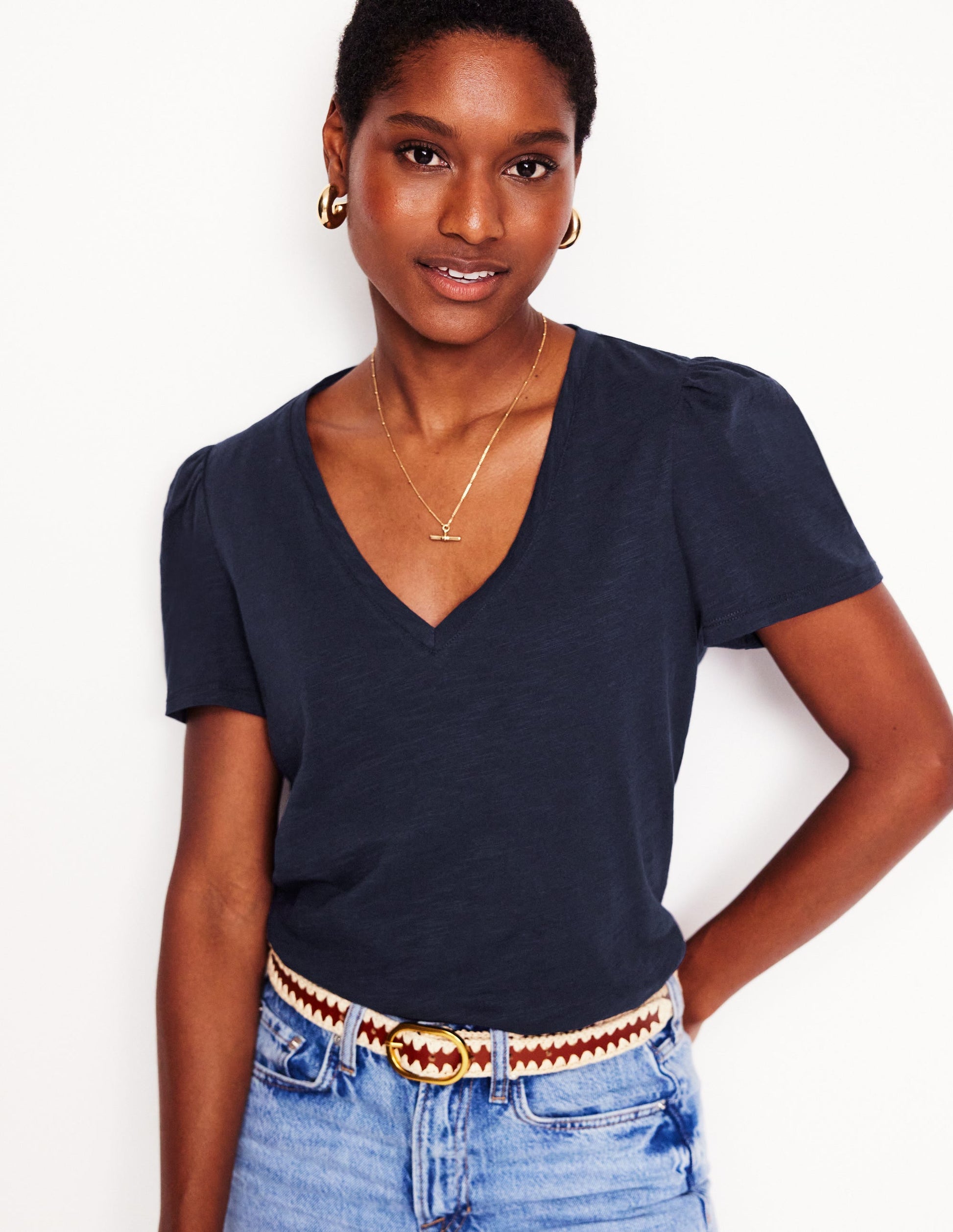 Sophie Flammgarn-T-Shirt mit V-Ausschnitt-Marineblaue-1