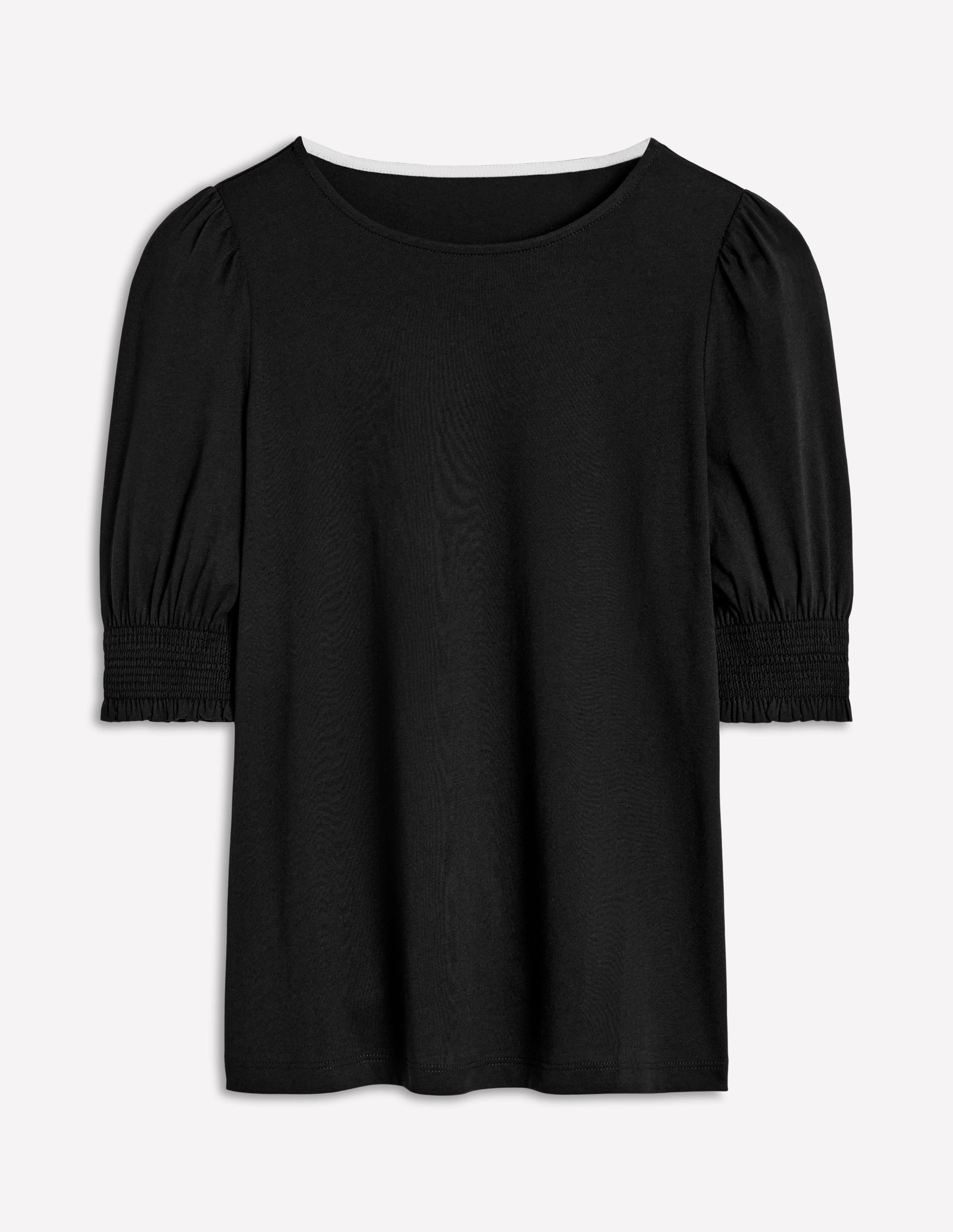 Top à manches courtes et poignets à smocks-Noir - Image 5