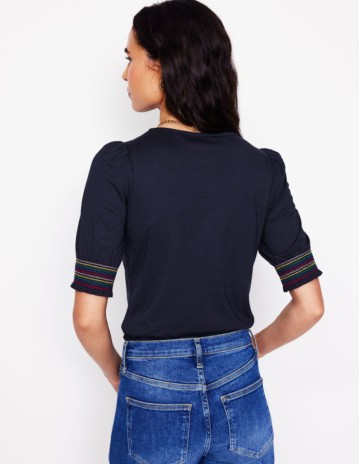 Top à manches courtes et poignets à smocks-Bleu Marine - Image 3