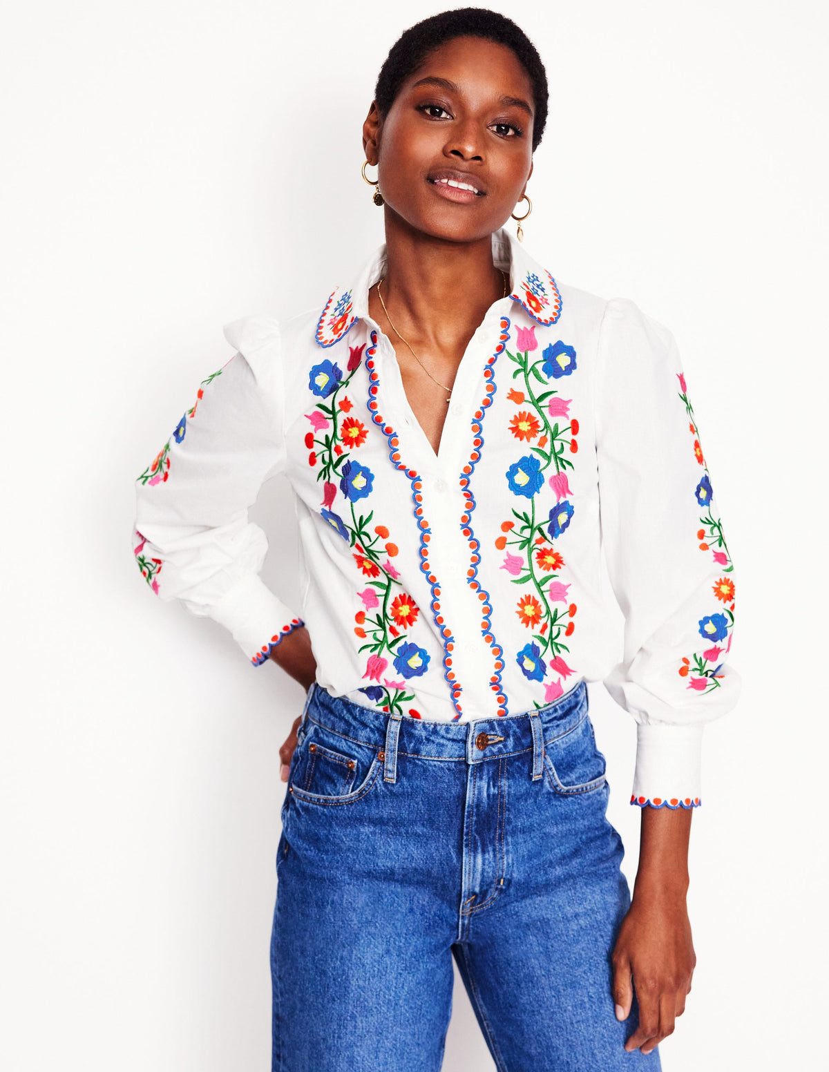 Bestickte Baumwollbluse-Weiß, Blumenstickerei - Image 1