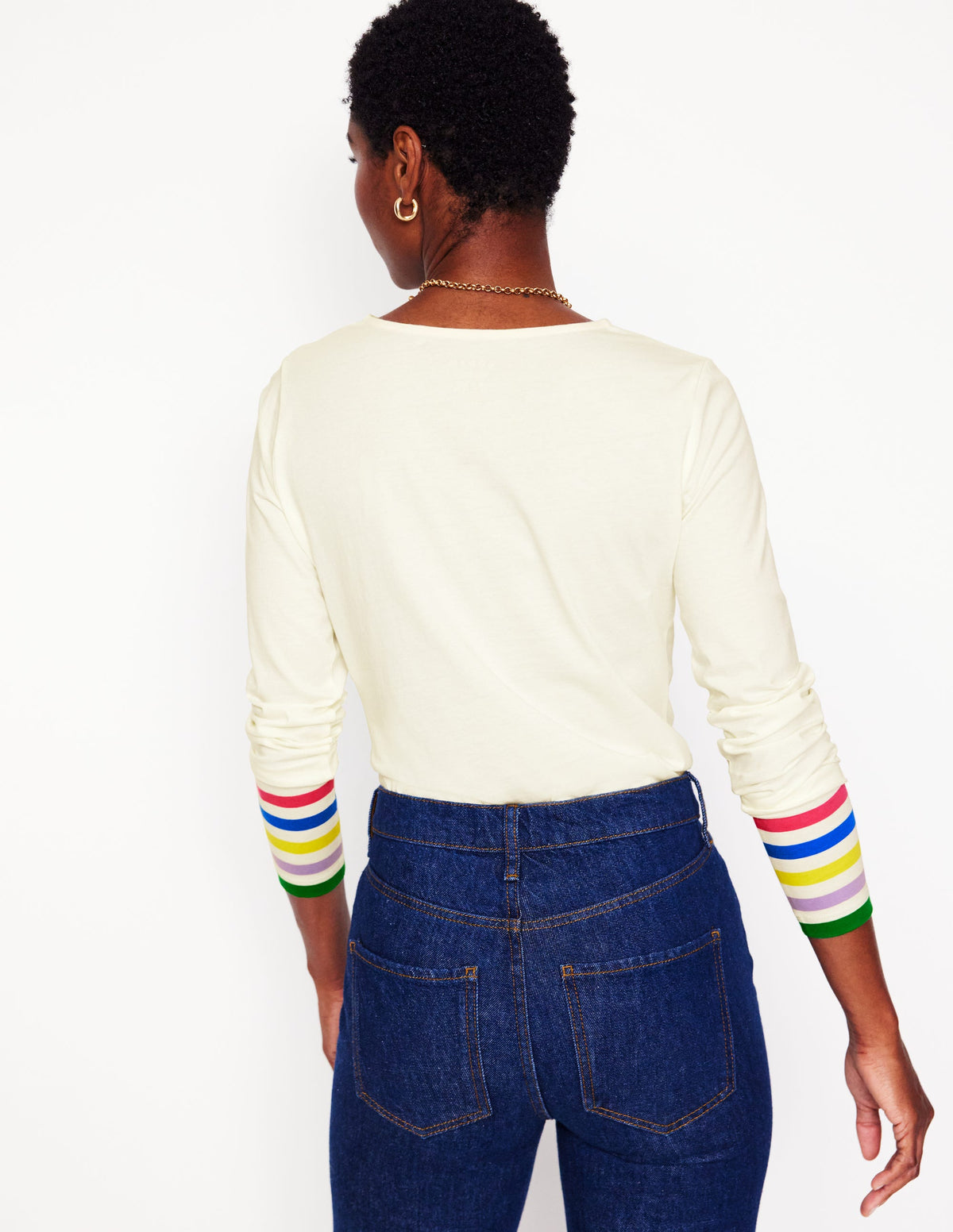 Oberteil mit gestreiften Bündchen-Naturweiß Regenbogenstreifen Bündchen-3