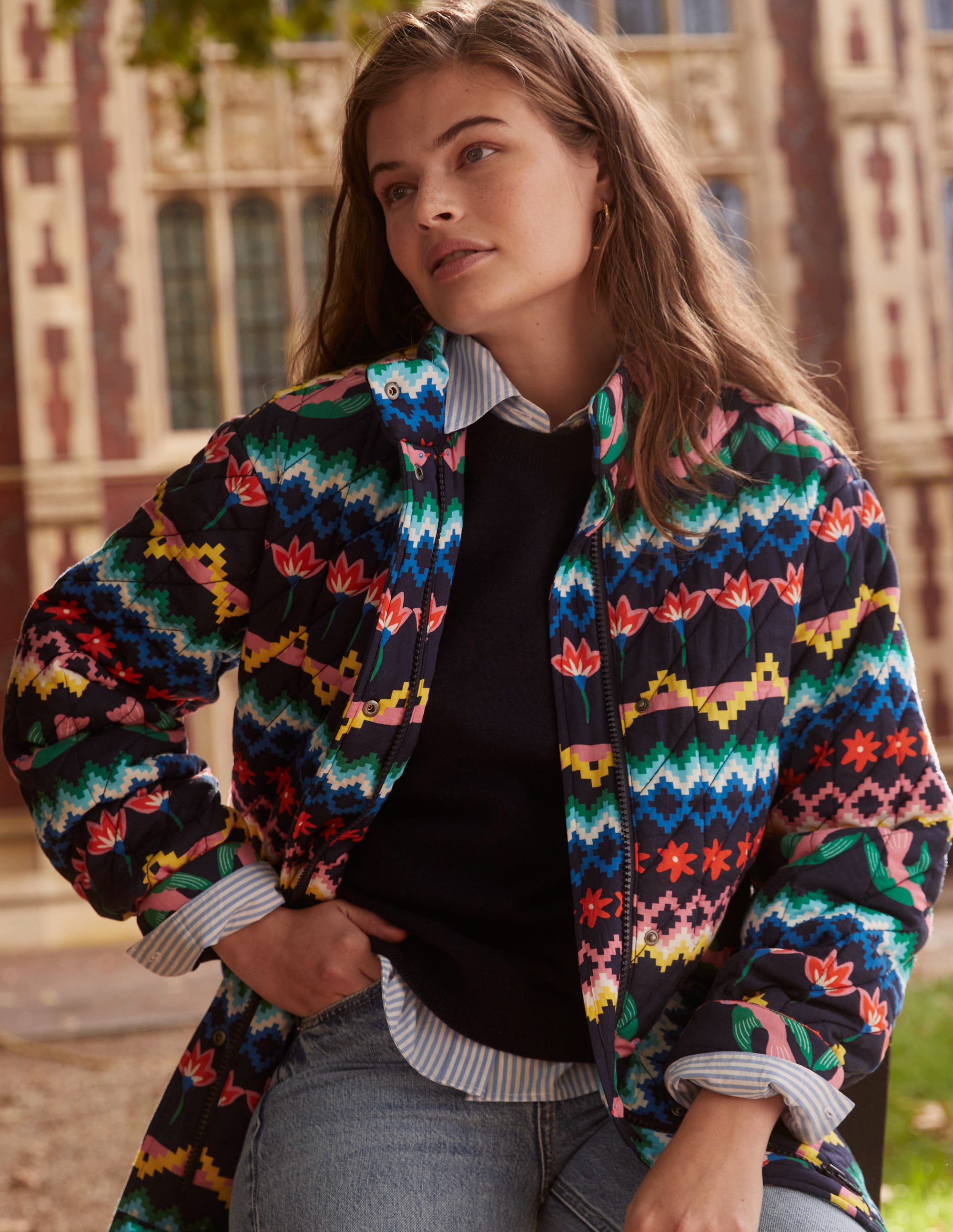 Oversized Quilted Jacket-French Navy, Decorative Garden - Image 5