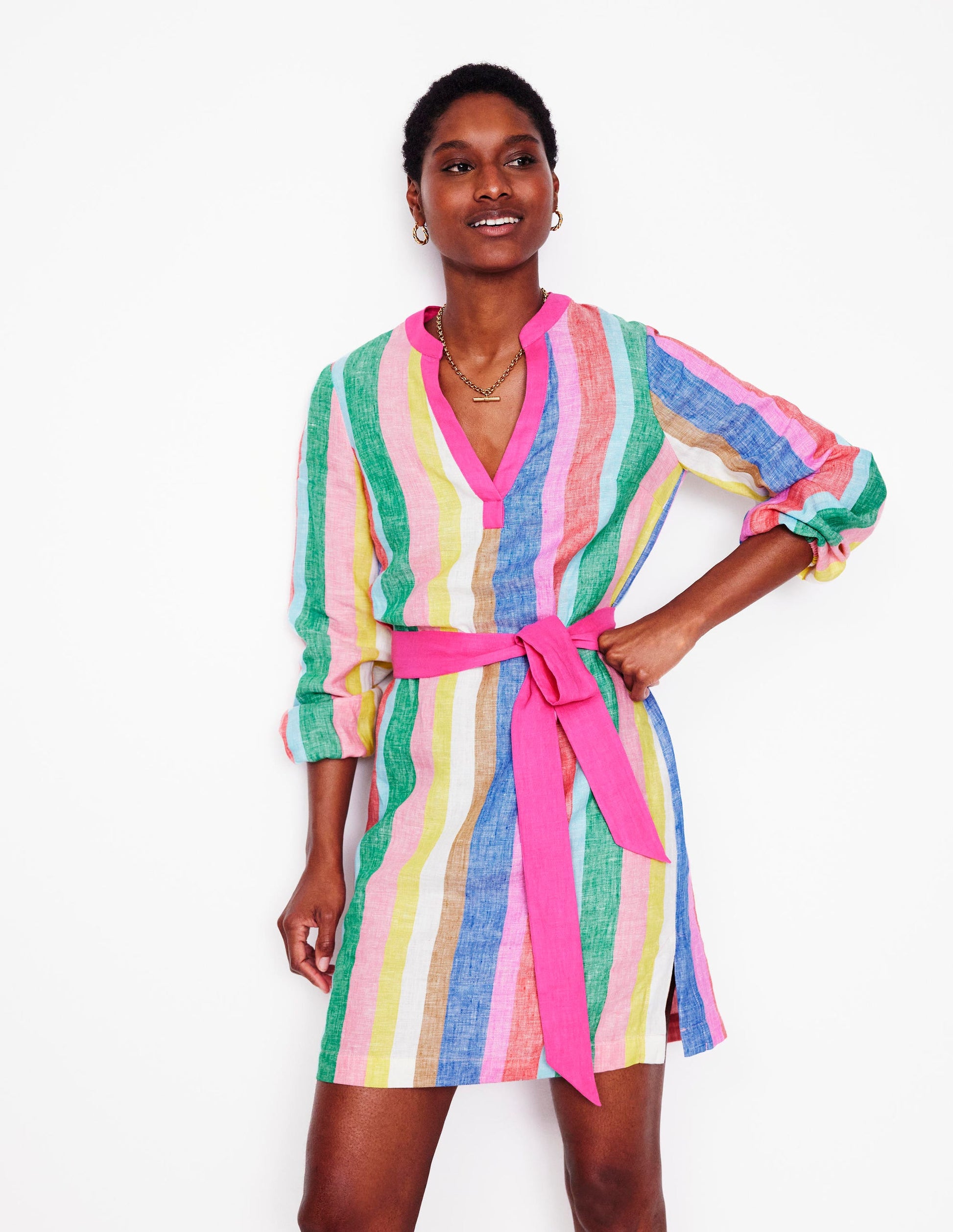 Robe Cleo nouée à la taille en lin-Rayé arc-en-ciel vif-1