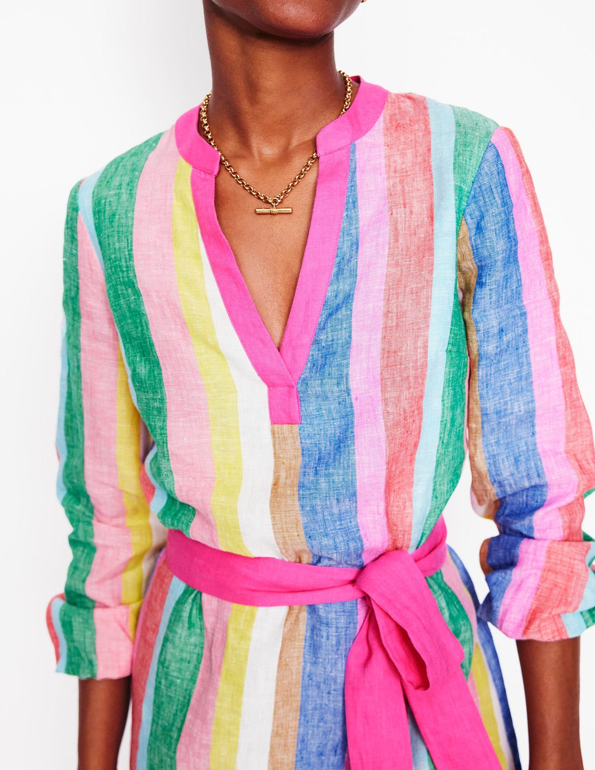 Robe Cleo nouée à la taille en lin-Rayé arc-en-ciel vif-2