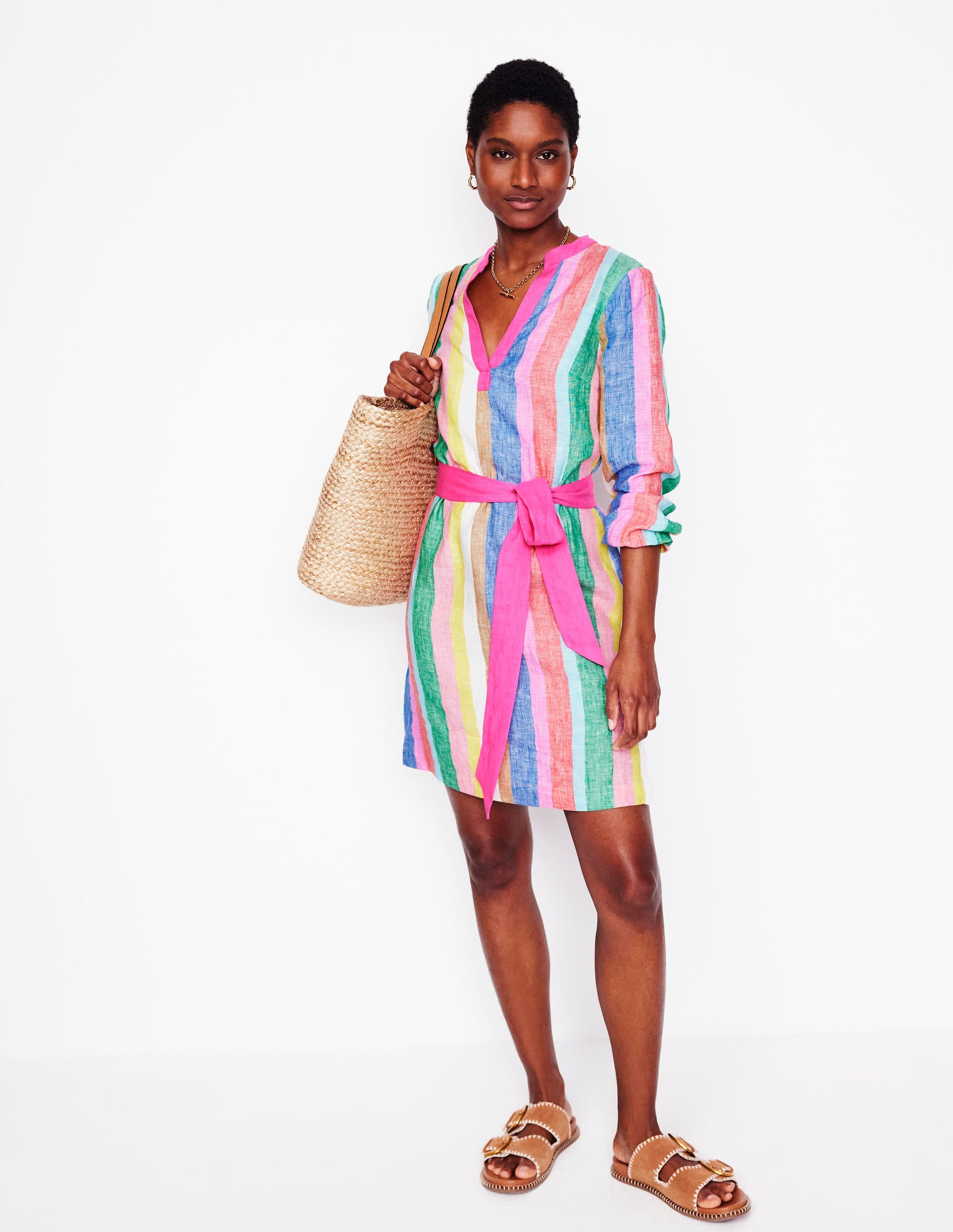 Robe Cleo nouée à la taille en lin-Rayé arc-en-ciel vif - Image 4