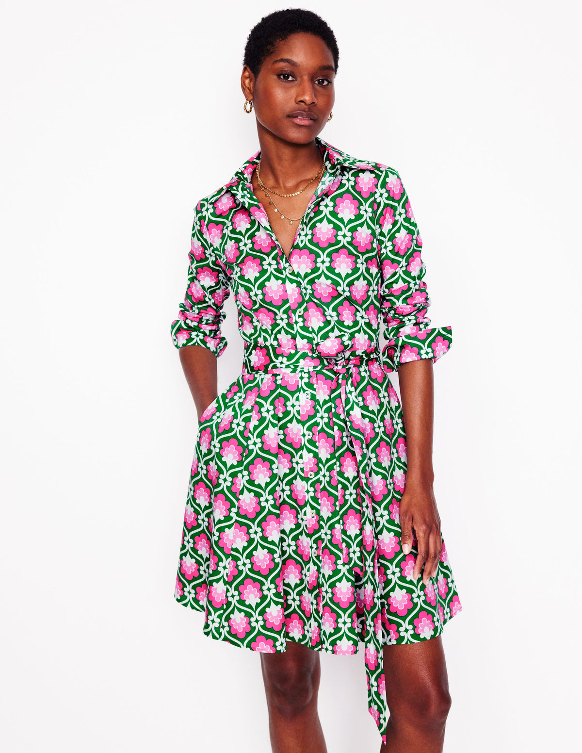 Robe-chemise courte Amy en coton-Émeraude profond, motif Ivy Trellis - Image 1