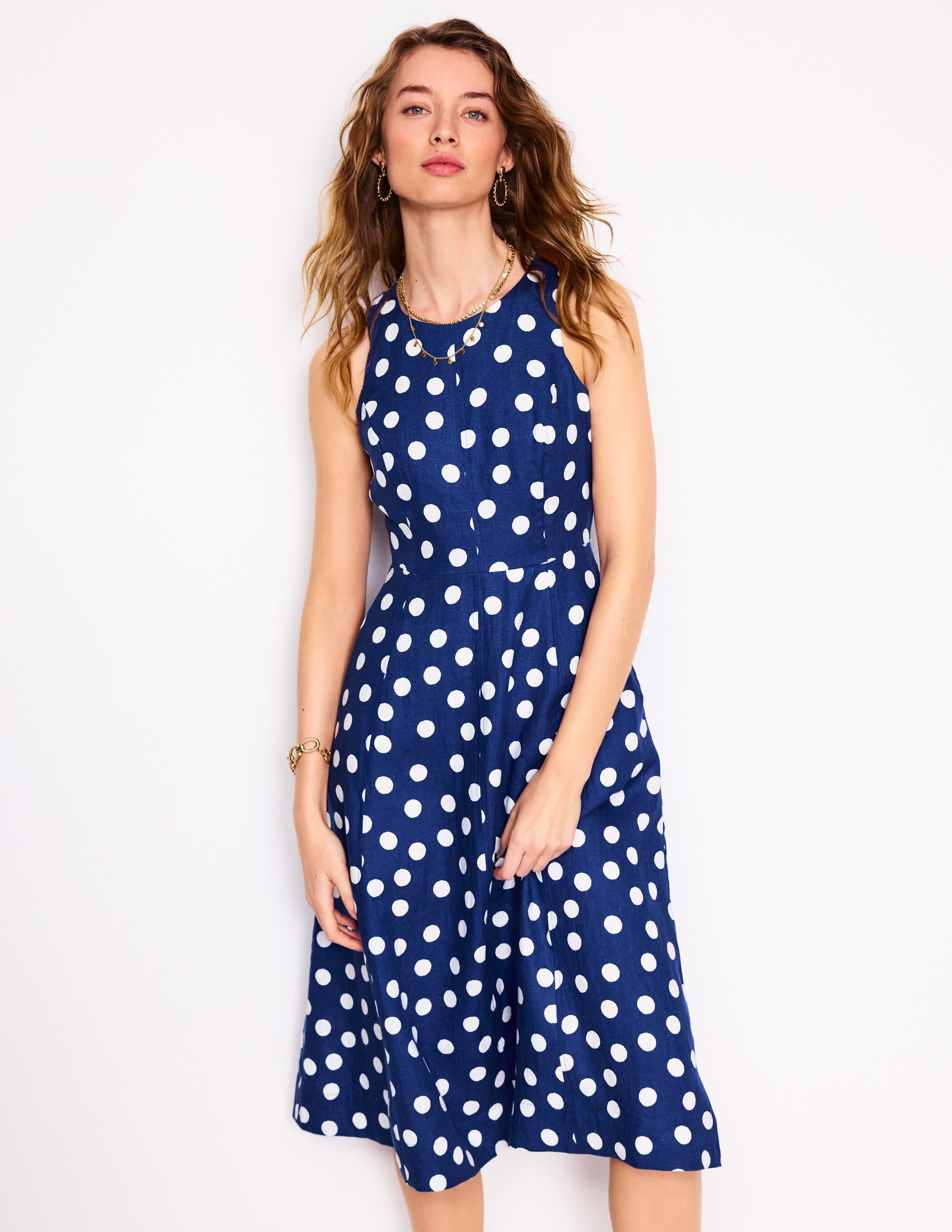 Carla Leinen-Midikleid-Steuerbordblau, Gemalte Tupfen - Image 1