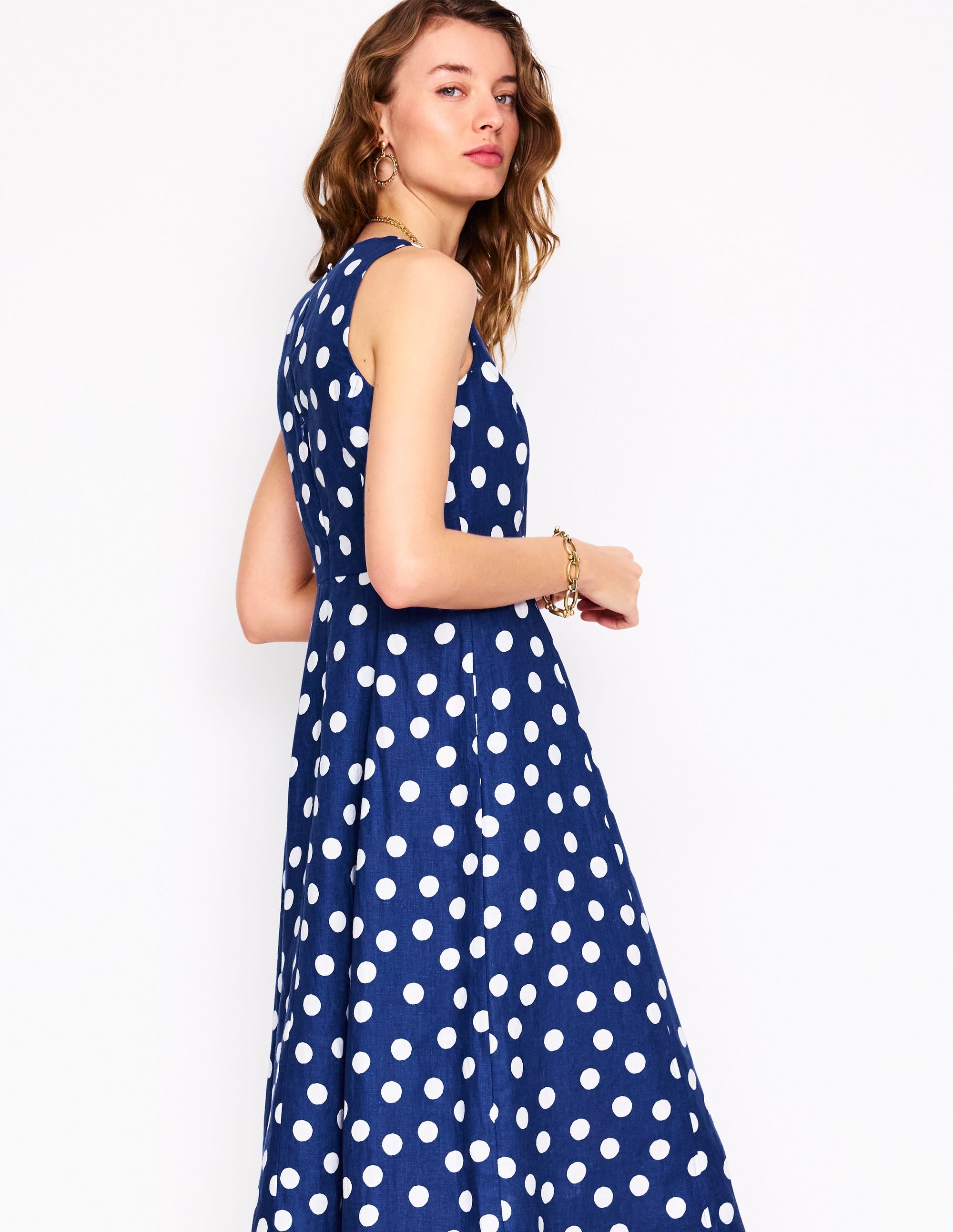 Carla Leinen-Midikleid-Steuerbordblau, Gemalte Tupfen - Image 4