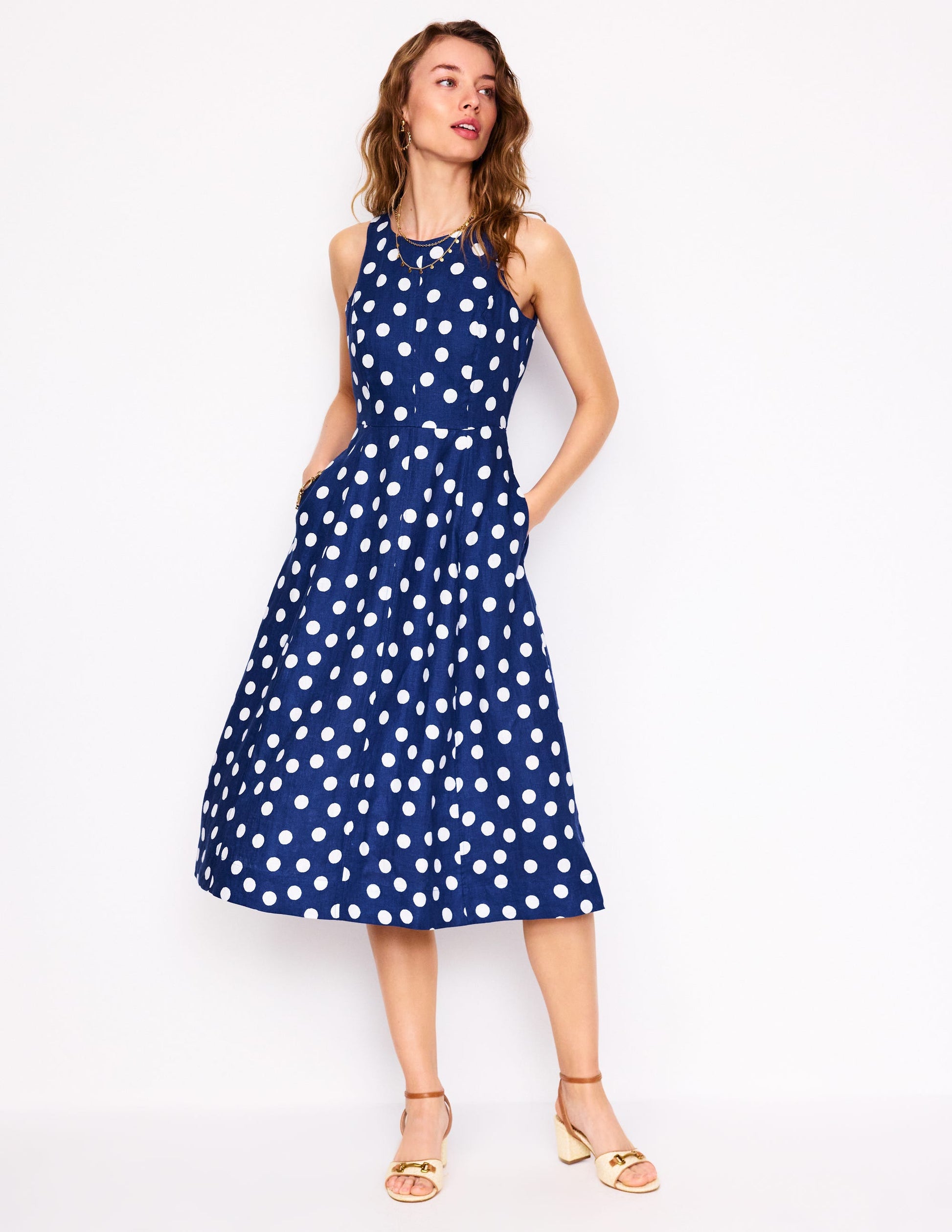 Carla Leinen-Midikleid-Steuerbordblau, Gemalte Tupfen-5