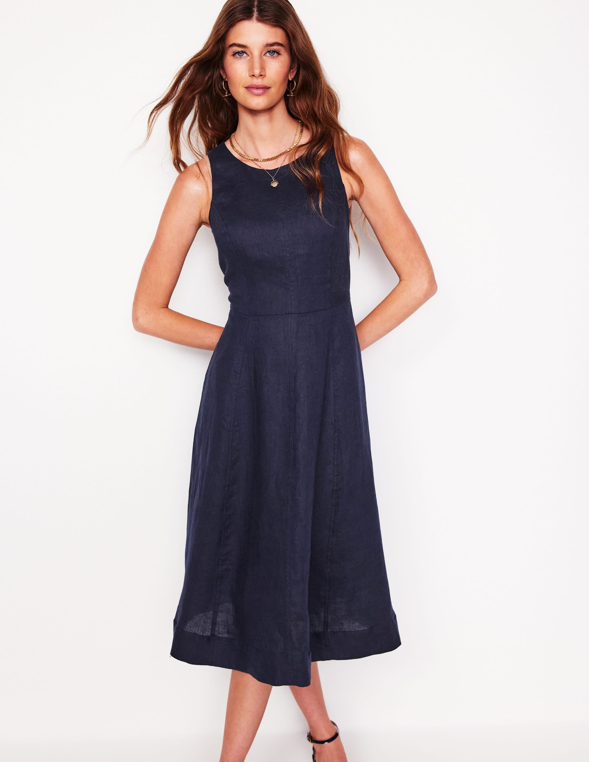 Robe midi Carla en lin-Bleu Marine, Petits Pois - Image 1