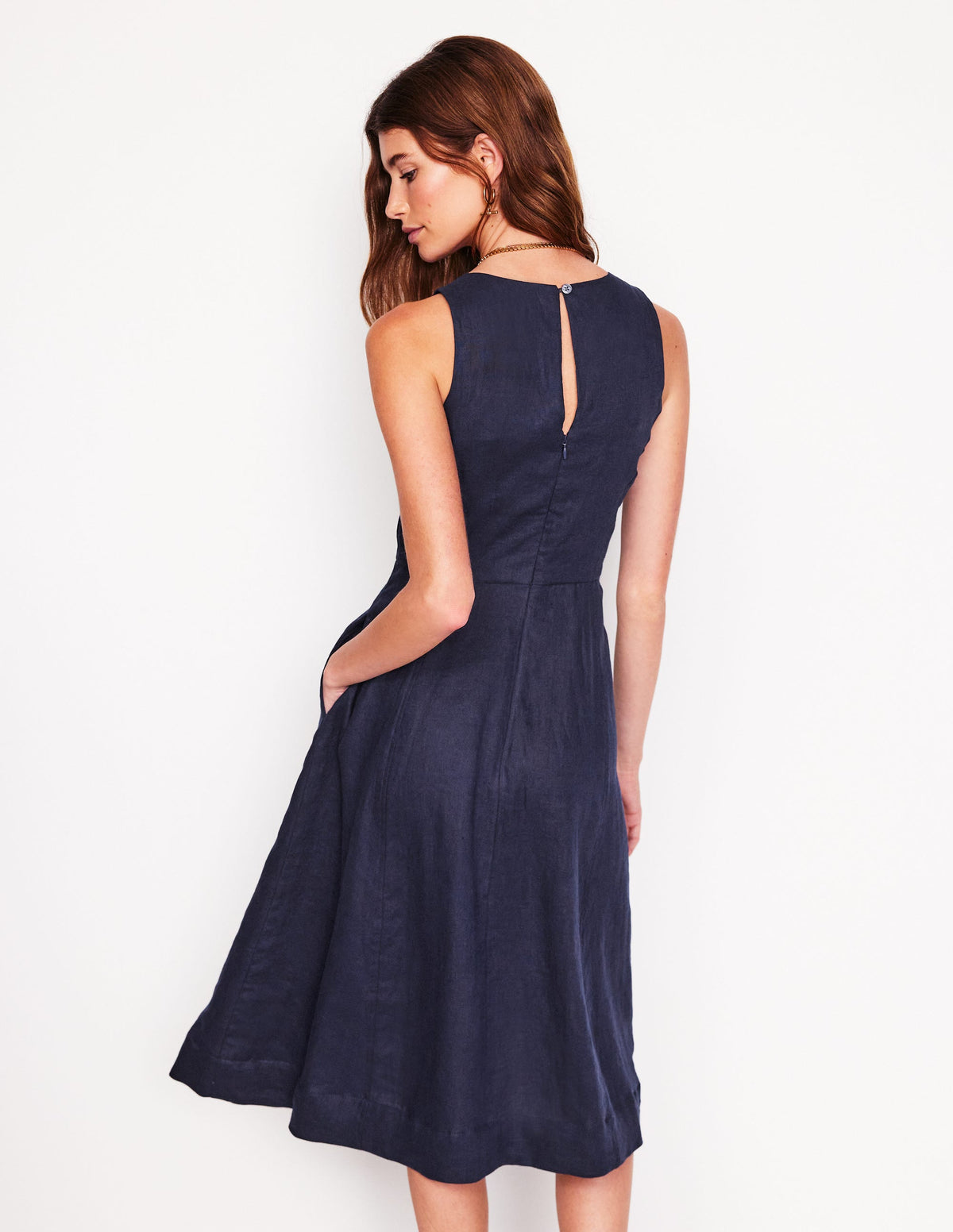 Robe midi Carla en lin-Bleu Marine, Petits Pois - Image 3