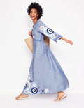 Una Midikleid aus Leinen-Blauer Faux-Uni