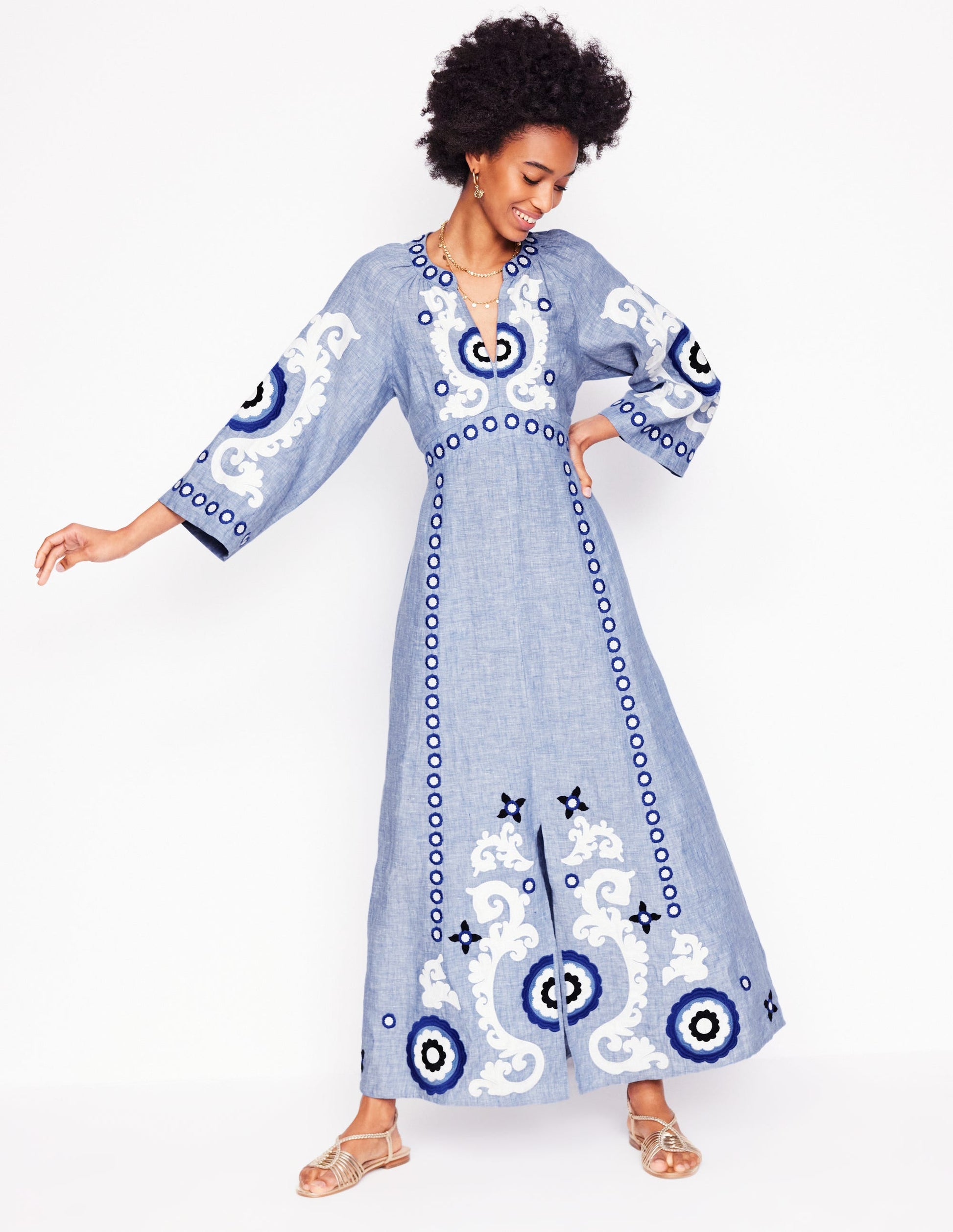 Una Midikleid aus Leinen-Blauer Faux-Uni-6
