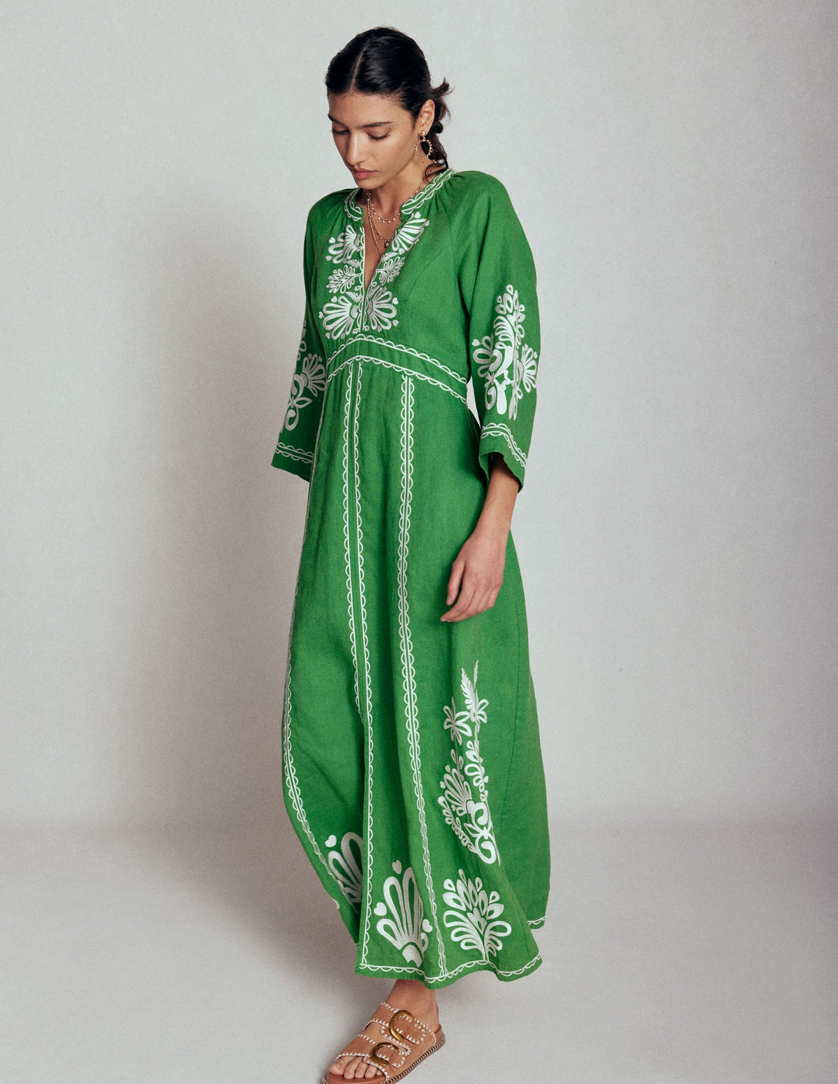 Robe midi Una en lin-Vert paradis-3