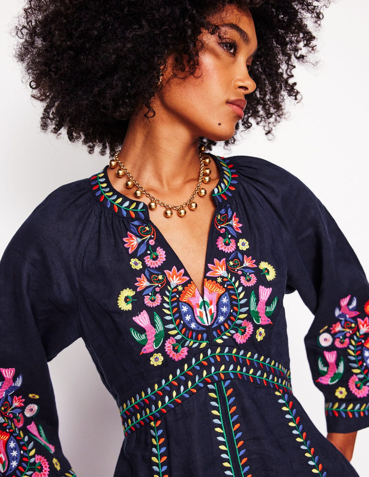 Robe midi Una en lin-Bleu marine, broderie multi - Image 1