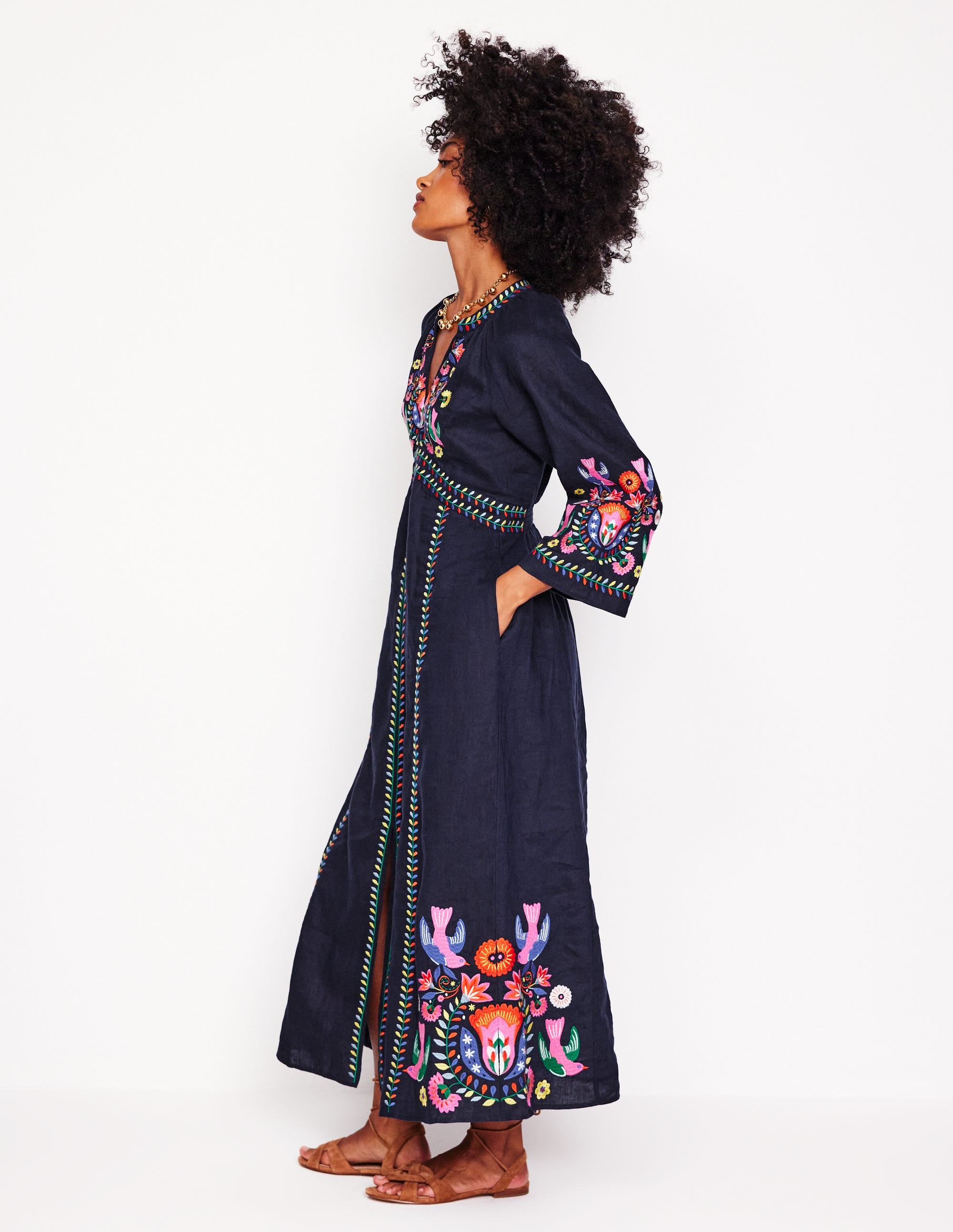 Robe midi Una en lin-Bleu marine, broderie multi - Image 3