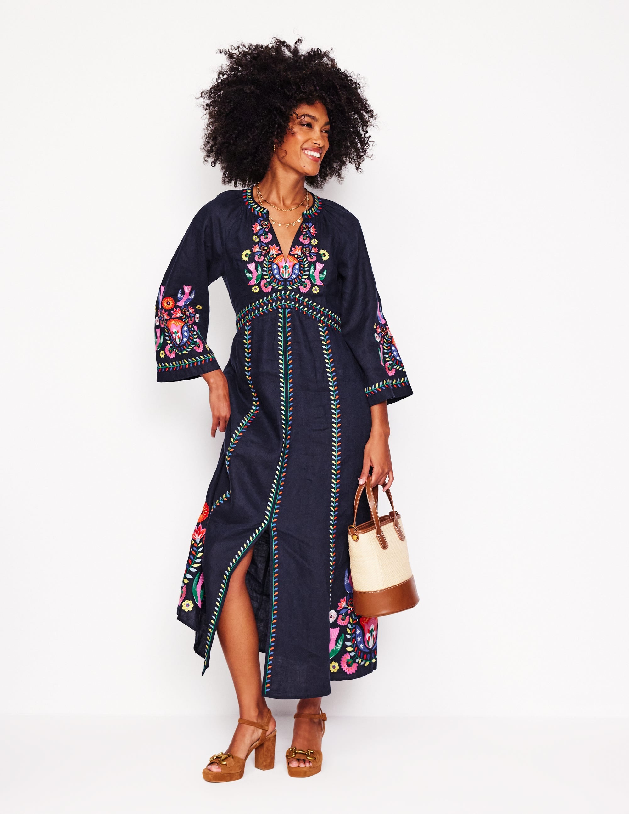 Robe midi Una en lin-Bleu marine, broderie multi - Image 5