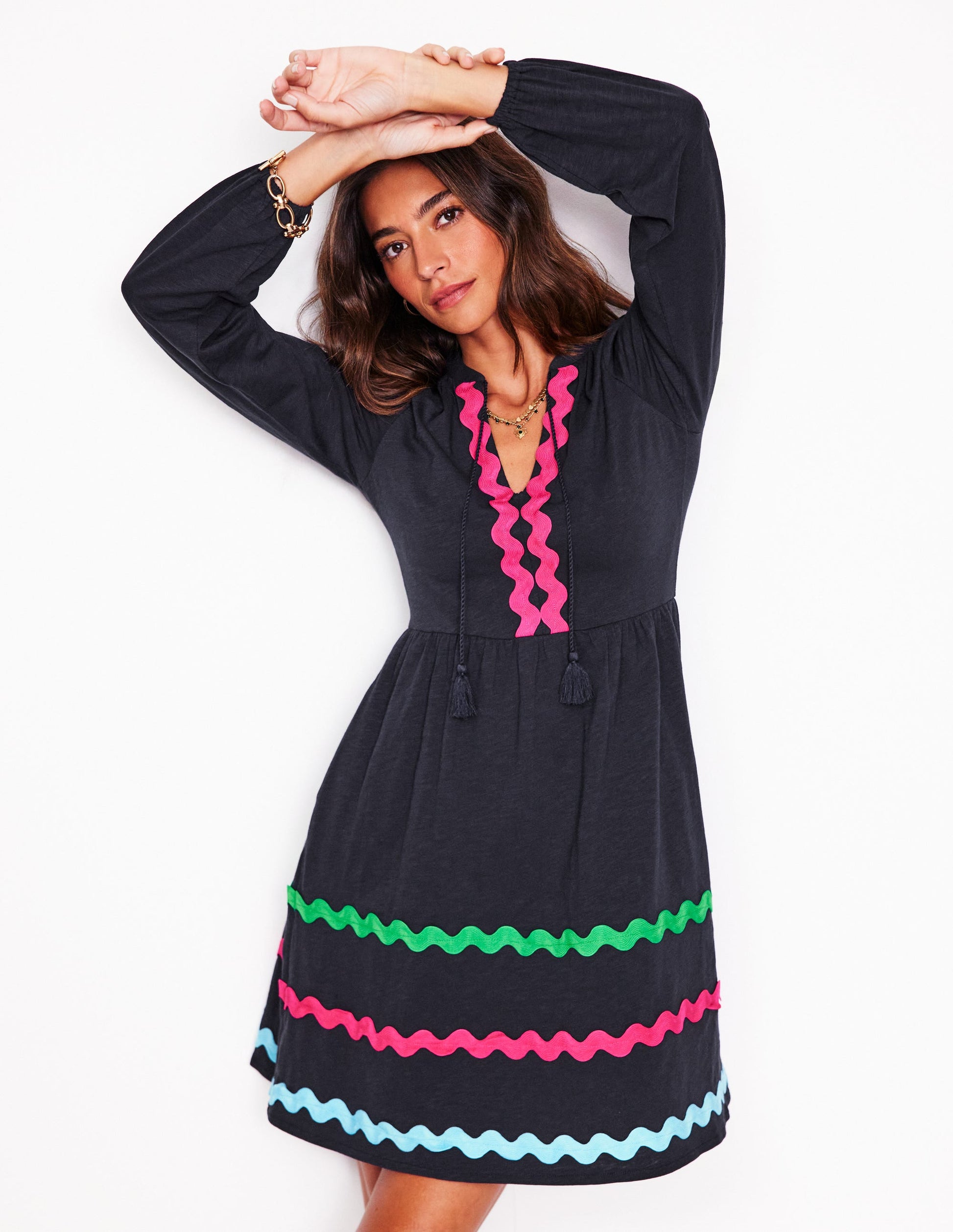 Robe Corinna à zigzag en jersey-Bleu Marine, Petits Pois-1