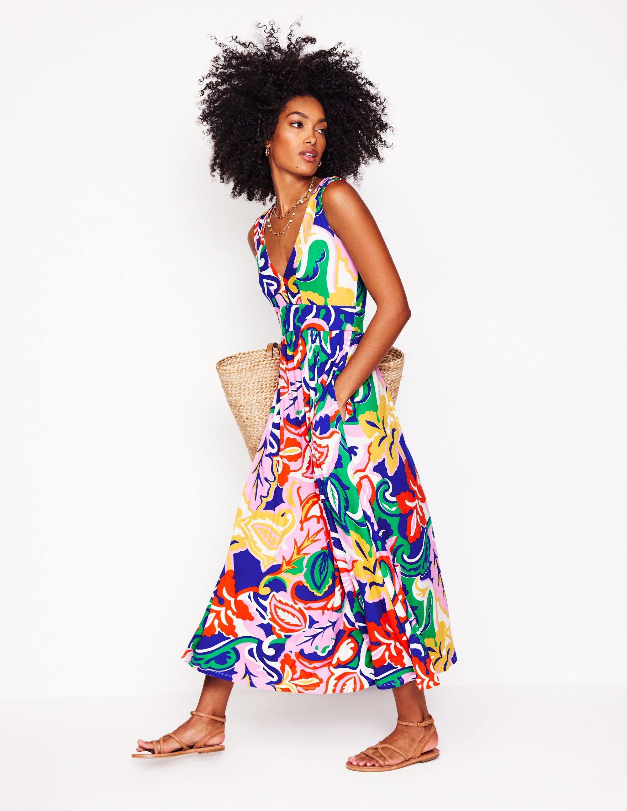Robe longue Olympia en jersey-Multi, motif Foliage Twirl - Image 1