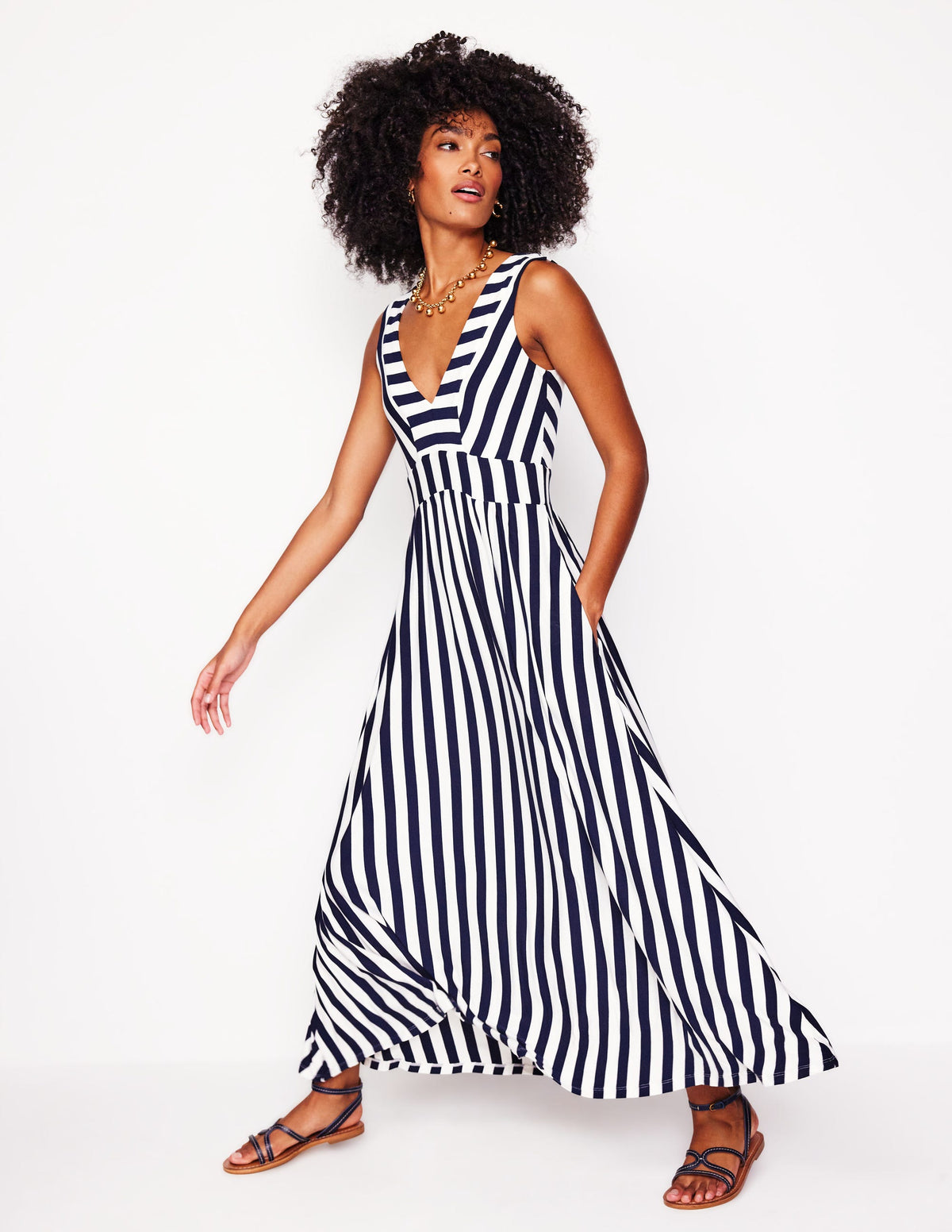 Olympia Jersey-Maxikleid-Französisches Marineblau/Naturweiß Gestreift-1