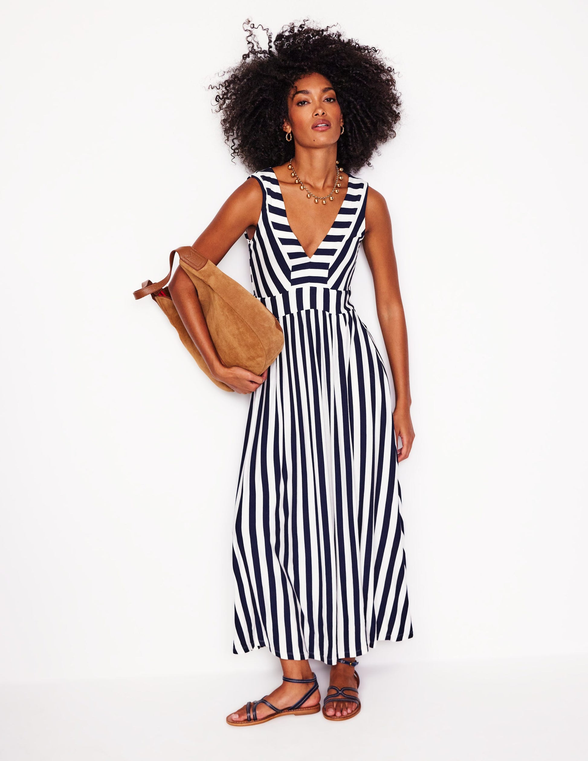 Olympia Jersey-Maxikleid-Französisches Marineblau/Naturweiß Gestreift-4