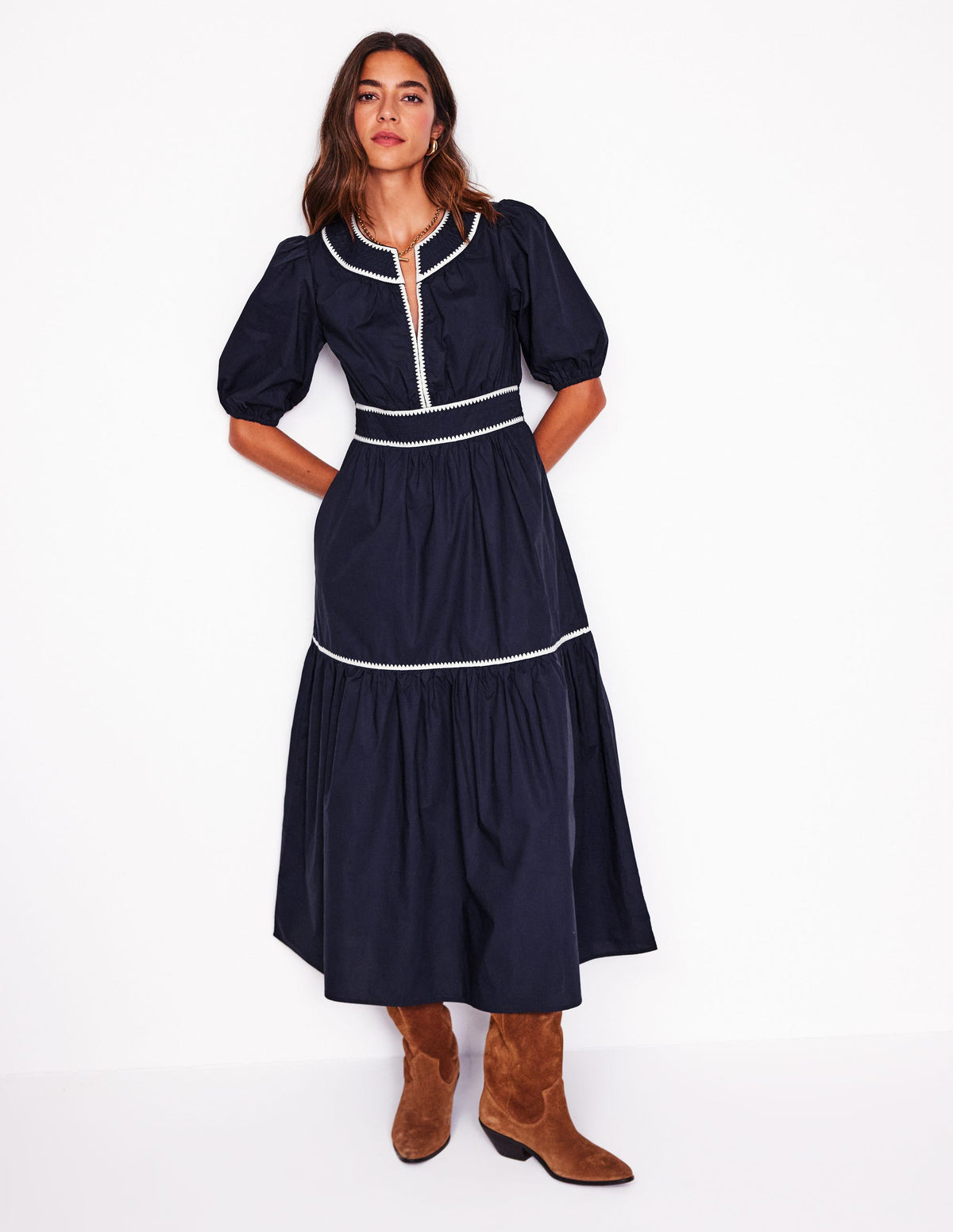 Robe midi Rhea brodée-Bleu Marine-5