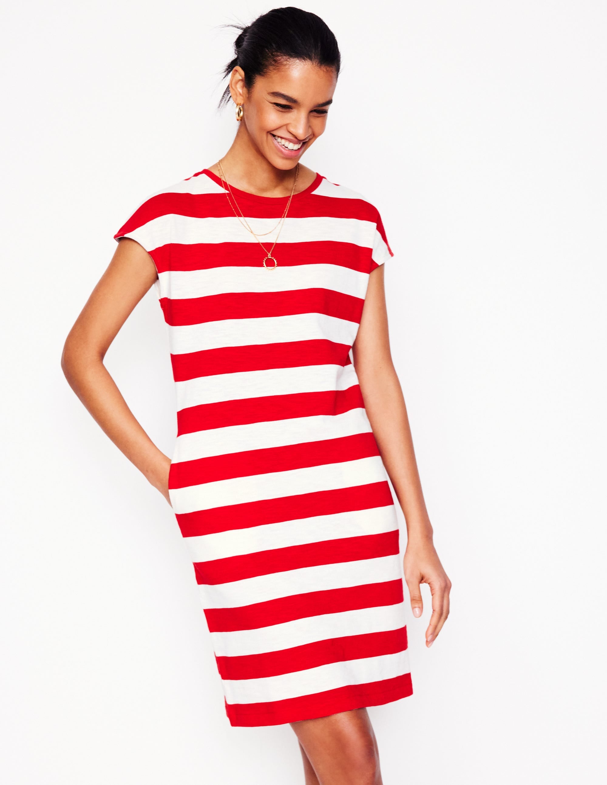 Leah T-Shirt-Kleid aus Jersey-Mohnblumenrot, Weiße Streifen - Image 1