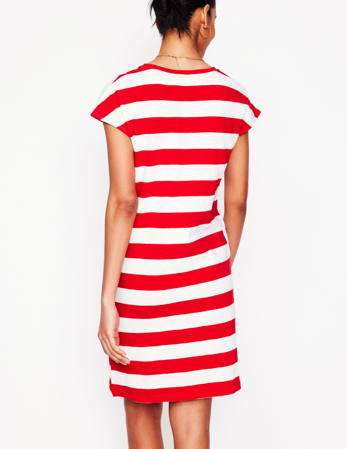Leah T-Shirt-Kleid aus Jersey-Mohnblumenrot, Weiße Streifen-3