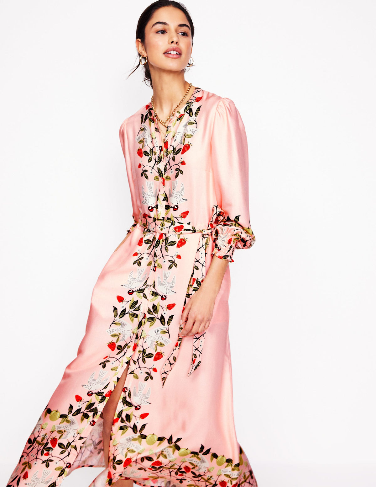 Robe-chemise Ruby sans col-Rose, motif Bird Paradise - Image 1