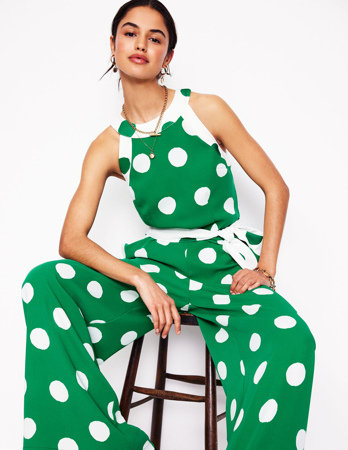 Neckholder-Jumpsuit mit Color-Blocking-Sattes Smaragdgrün, Abstrakte Punkte - Image 1