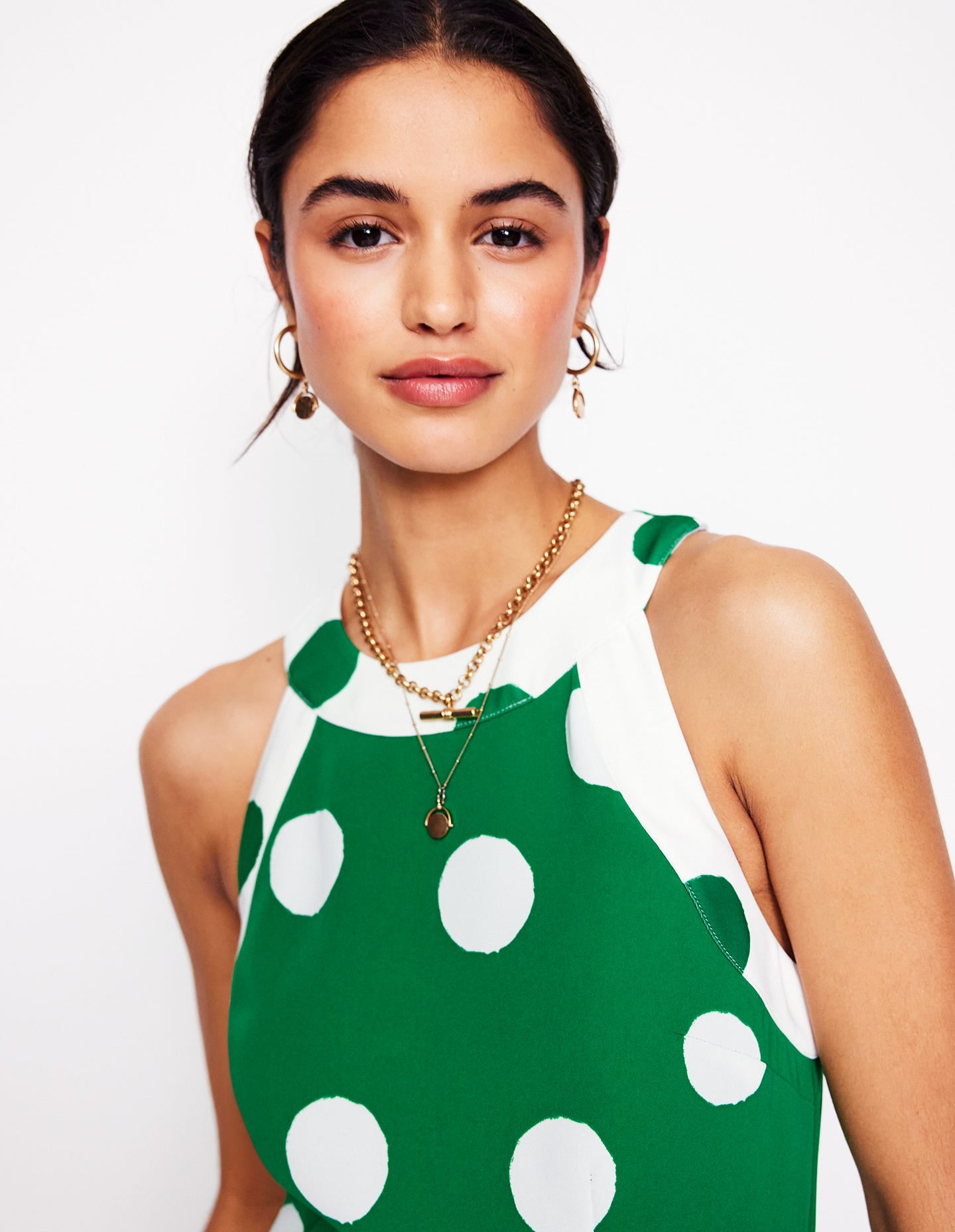 Neckholder-Jumpsuit mit Color-Blocking-Sattes Smaragdgrün, Abstrakte Punkte - Image 3