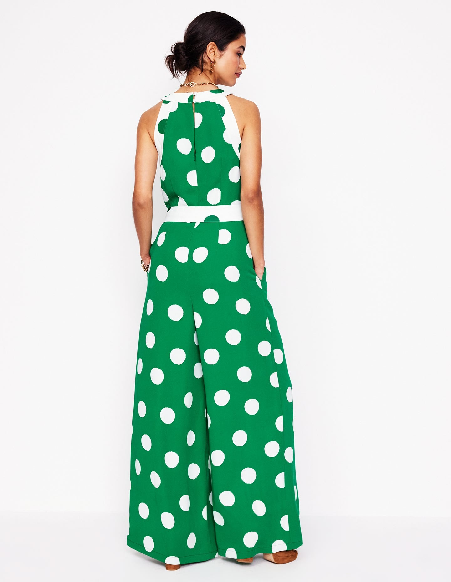 Neckholder-Jumpsuit mit Color-Blocking-Sattes Smaragdgrün, Abstrakte Punkte-4