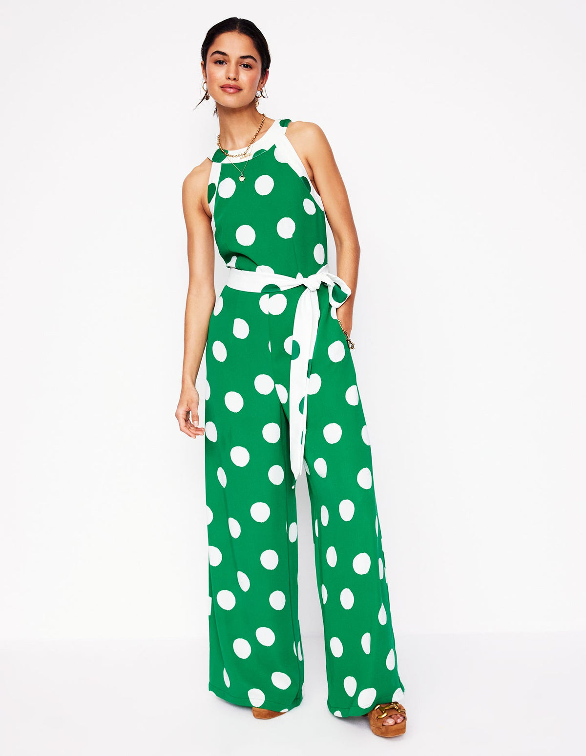 Neckholder-Jumpsuit mit Color-Blocking-Sattes Smaragdgrün, Abstrakte Punkte-5