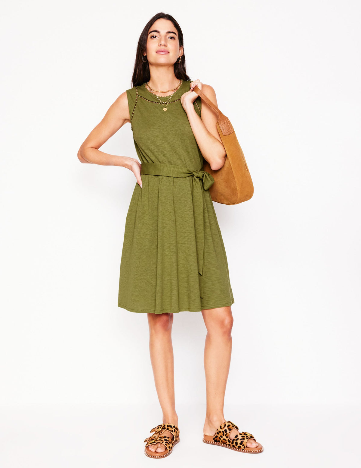 Mila Trim Short Jersey Dress-Deep Olive - Image 1