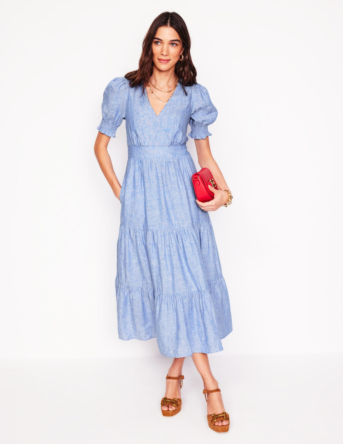Anna Gestuftes Midikleid aus Leinen-Sommerblau Chambray - Image 5
