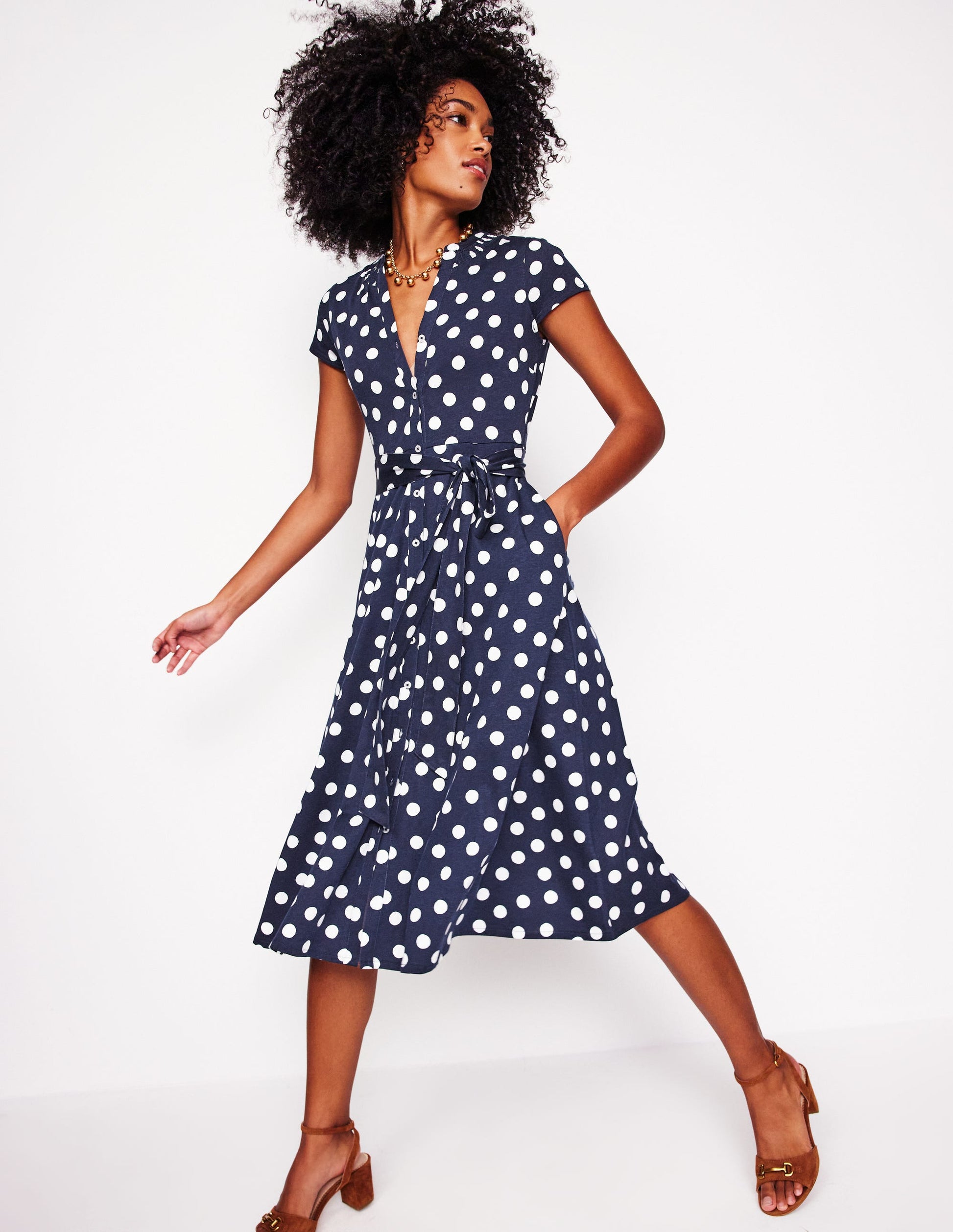 Robe-chemise Sara en jersey-Bleu marine foncé, pois abstraits-1