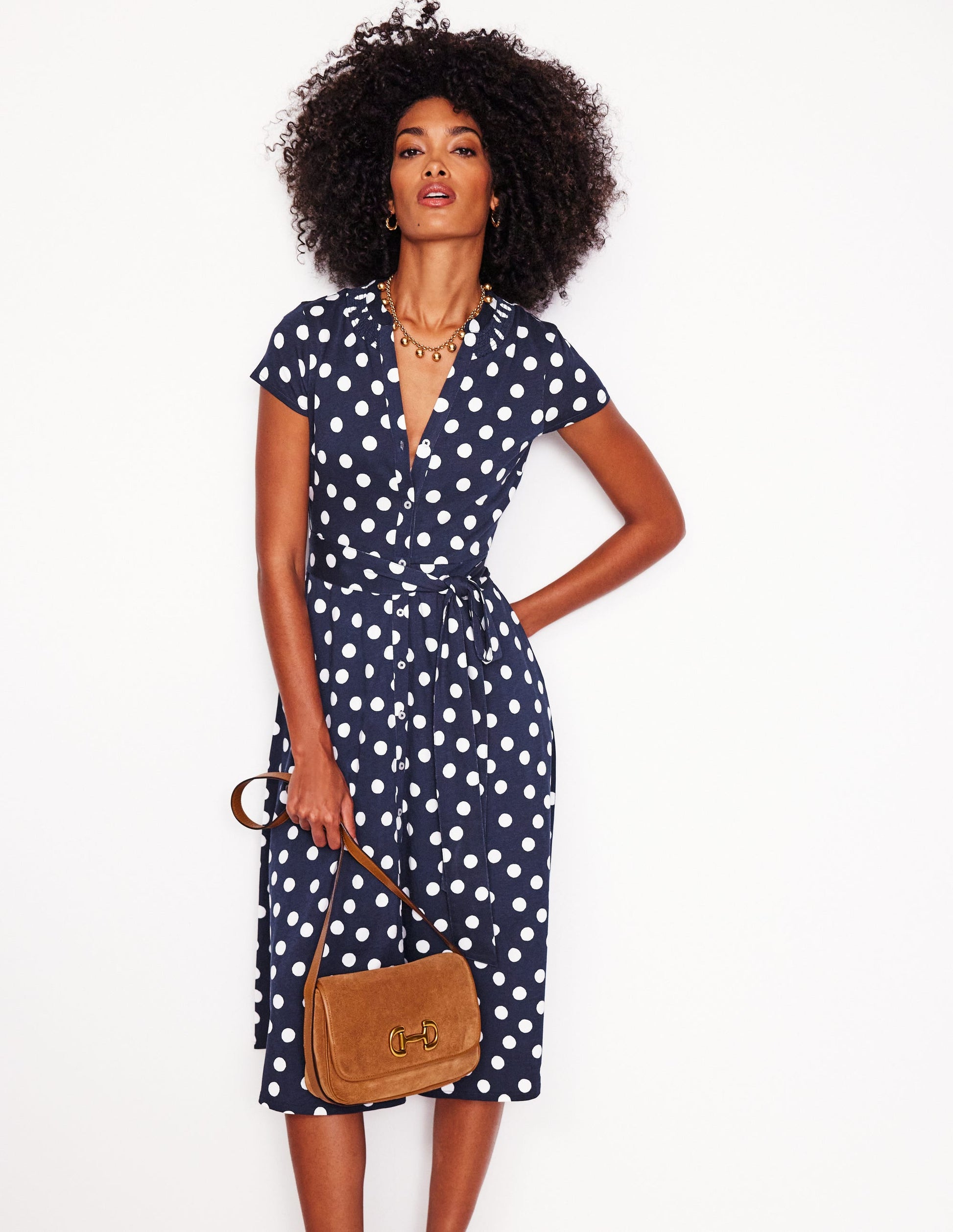 Robe-chemise Sara en jersey-Bleu marine foncé, pois abstraits-4