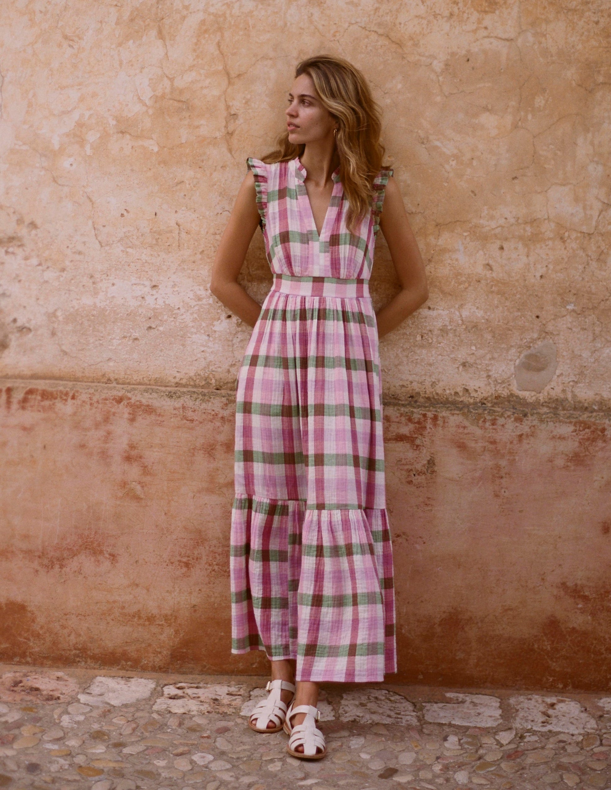 Wren Doppeltuch-Midikleid-Rosa und Grün Buntes Vichykaro-2