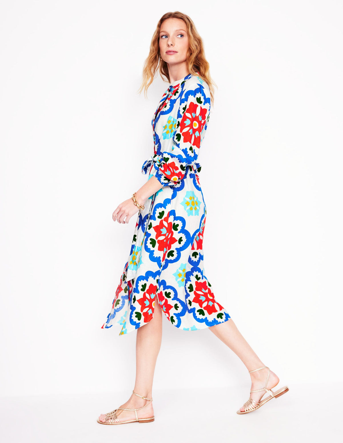 Robe-chemise droite en lin-Ivoire, motif Bloom Geo-5